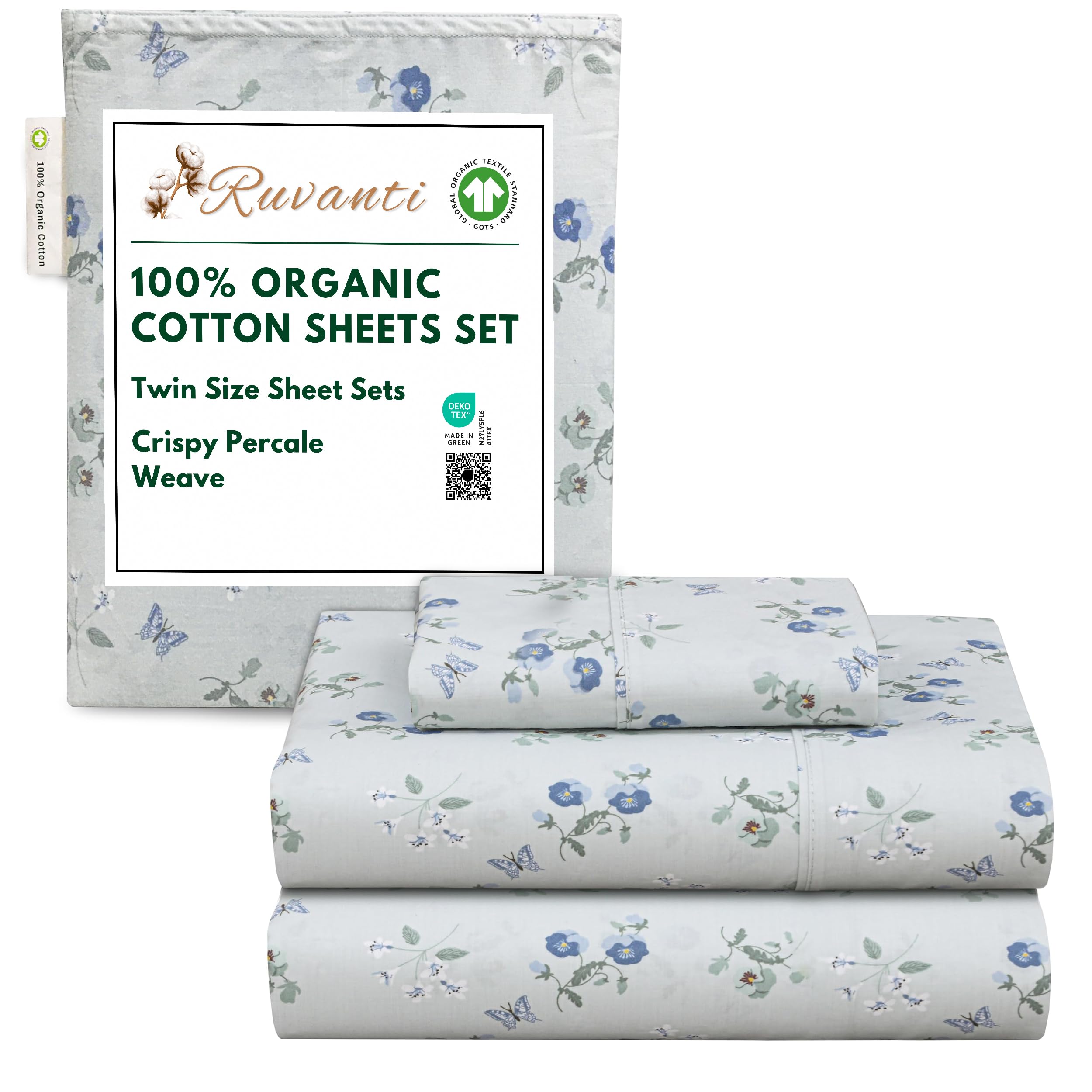 RUVANTI 100% Organic Cotton Sheets Queen Size, Percale Weave, GOTS Certified, 4-Piece Set, Deep Pocket 15", Crisp & Breathable, Soft Durable Bedding, Sábanas Algodón Orgánico – Daisy Bud