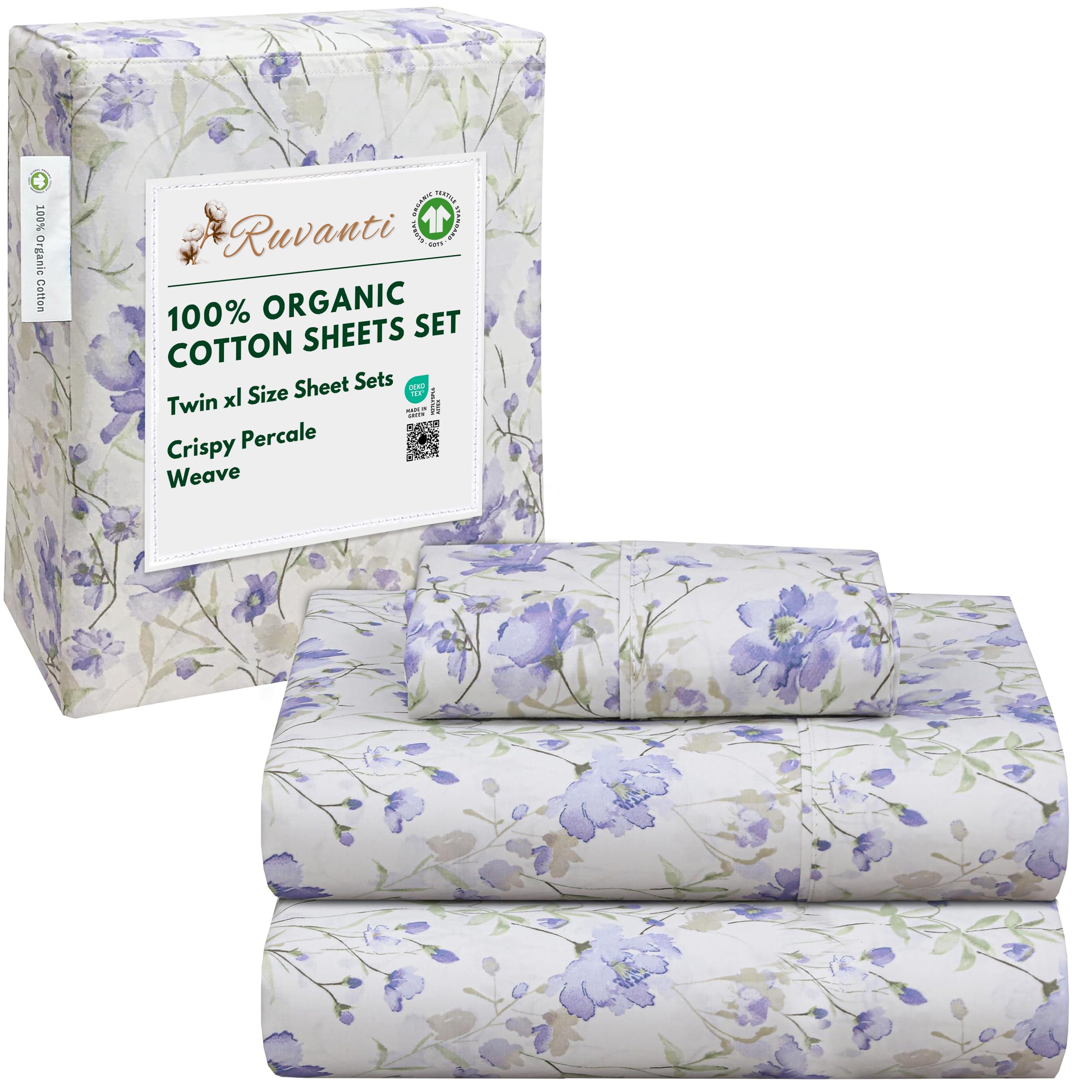 RUVANTI 100% Organic Cotton Sheets Queen Size, Percale Weave, GOTS Certified, 4-Piece Set, Deep Pocket 15", Crisp & Breathable, Soft Durable Bedding, Sábanas Algodón Orgánico – Daisy Bud