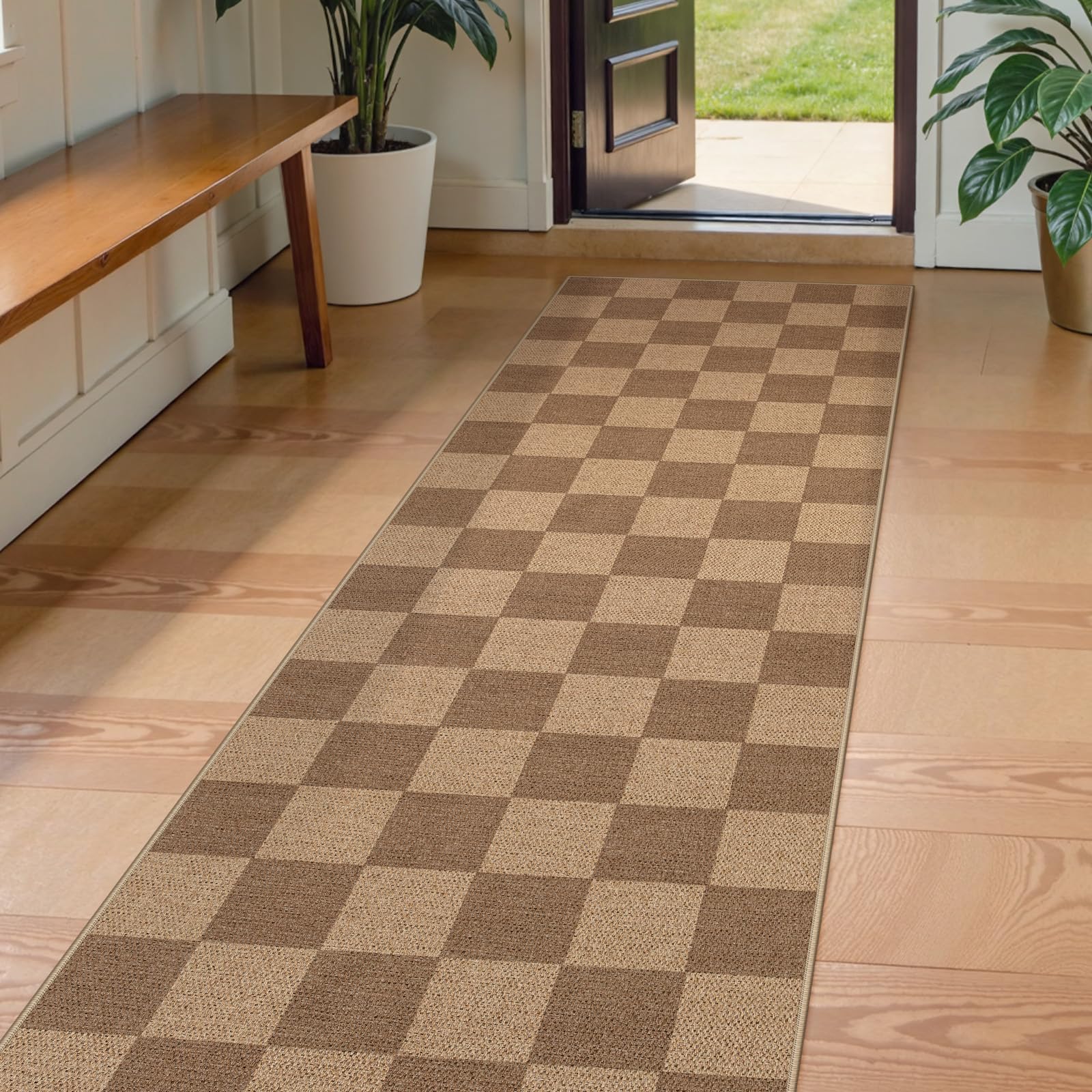 Lahome Colette Checkered Easy Jute Runner Rug, 2x8 Hallway Kitchen Runner Rug Non Slip Washable Outdoor Carpet for Entryway Indoor, Checkerboard Black Indoor Outdoor Carpet for Hallway 8ft Entry