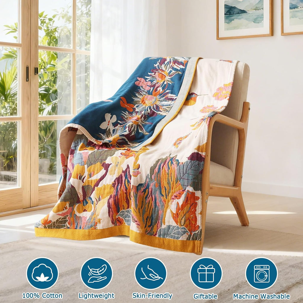 Boho Throw Blanket - 100% Cotton Soft Spring Throw Blanket for Bed, 90"x108" Reversible Breathable Lightweight Blankets, All Seasons Farmhouse Decor Floral Plant Butterfly Throw Quilt