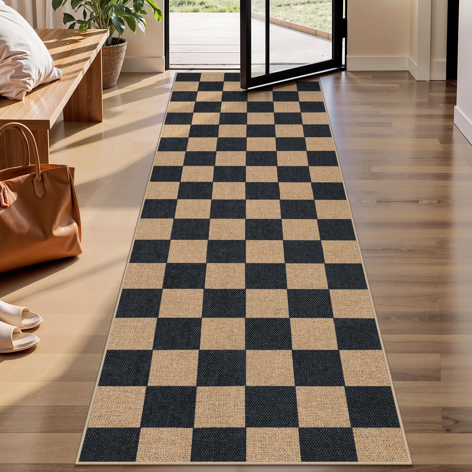 Lahome Colette Checkered Easy Jute Runner Rug, 2x8 Hallway Kitchen Runner Rug Non Slip Washable Outdoor Carpet for Entryway Indoor, Checkerboard Black Indoor Outdoor Carpet for Hallway 8ft Entry