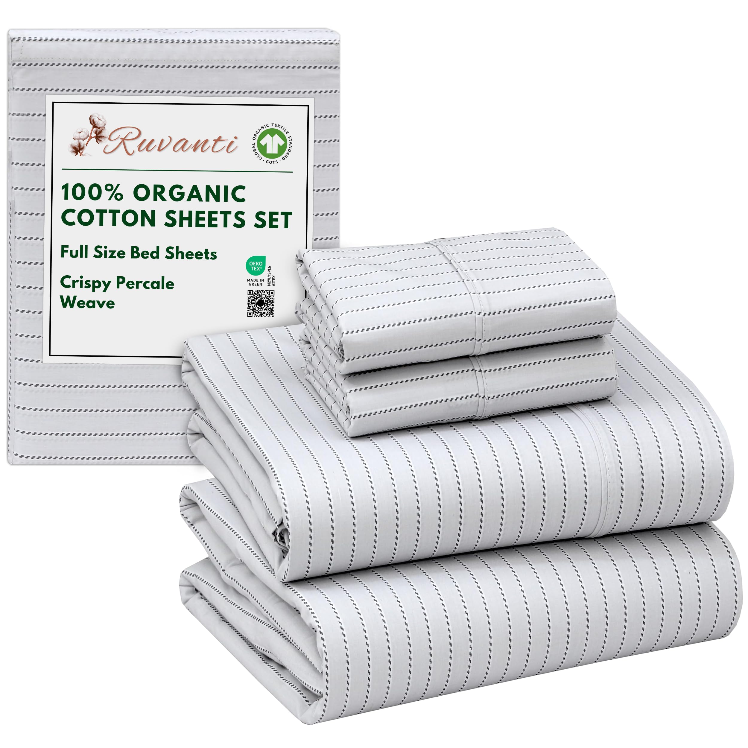 RUVANTI 100% Organic Cotton Sheets Queen Size, Percale Weave, GOTS Certified, 4-Piece Set, Deep Pocket 15", Crisp & Breathable, Soft Durable Bedding, Sábanas Algodón Orgánico – Daisy Bud