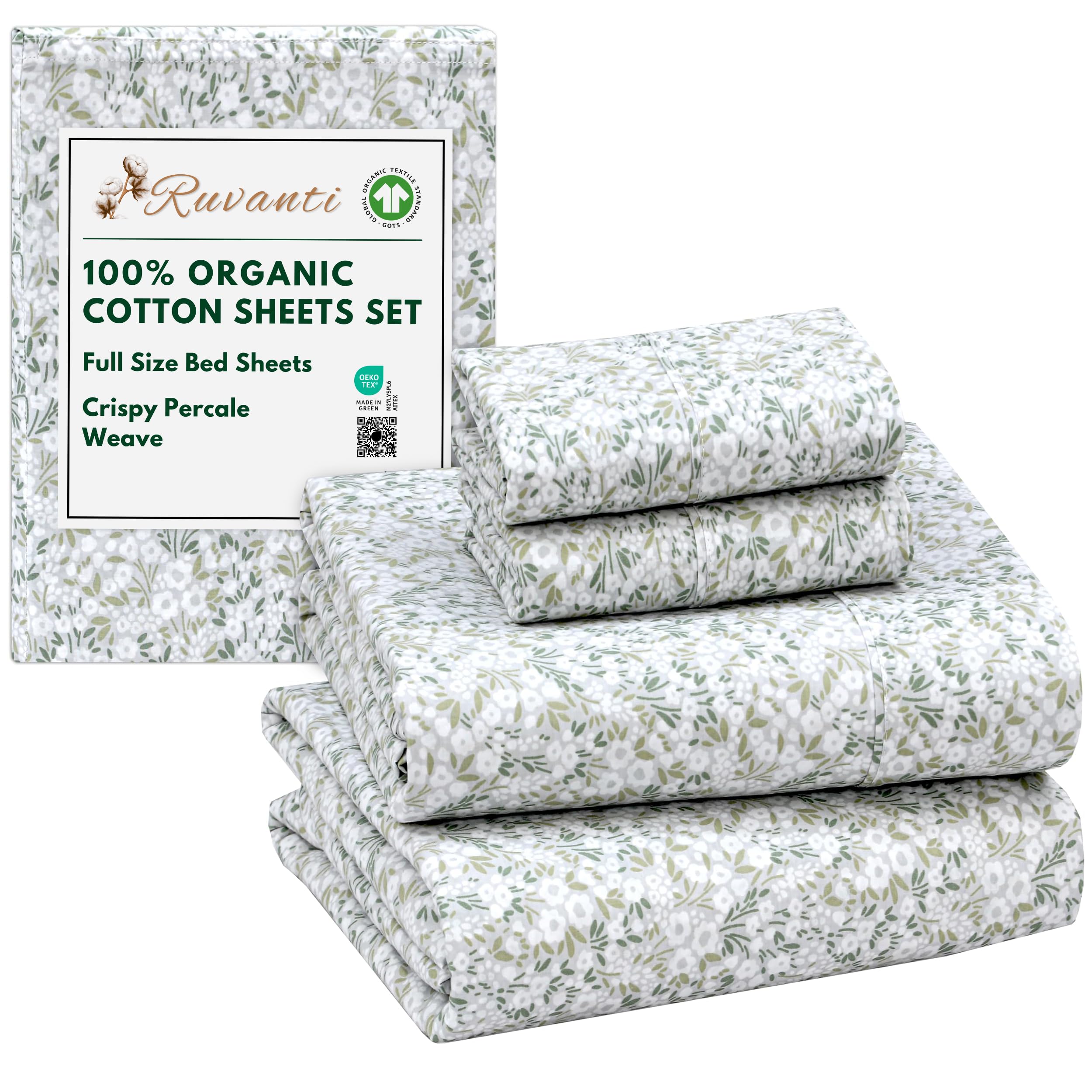 RUVANTI 100% Organic Cotton Sheets Queen Size, Percale Weave, GOTS Certified, 4-Piece Set, Deep Pocket 15", Crisp & Breathable, Soft Durable Bedding, Sábanas Algodón Orgánico – Daisy Bud