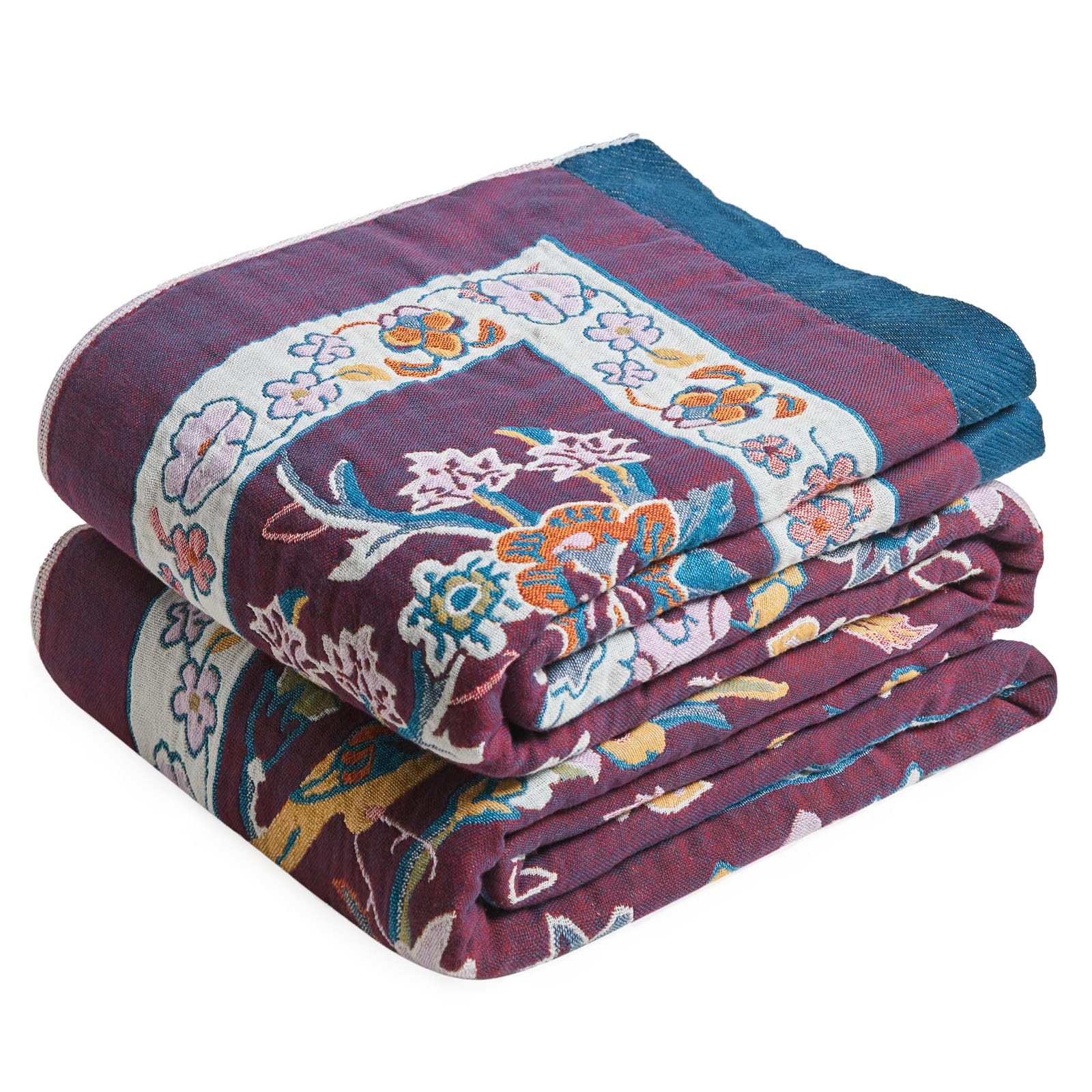 Boho Throw Blanket - 100% Cotton Soft Spring Throw Blanket for Bed, 90"x108" Reversible Breathable Lightweight Blankets, All Seasons Farmhouse Decor Floral Plant Butterfly Throw Quilt
