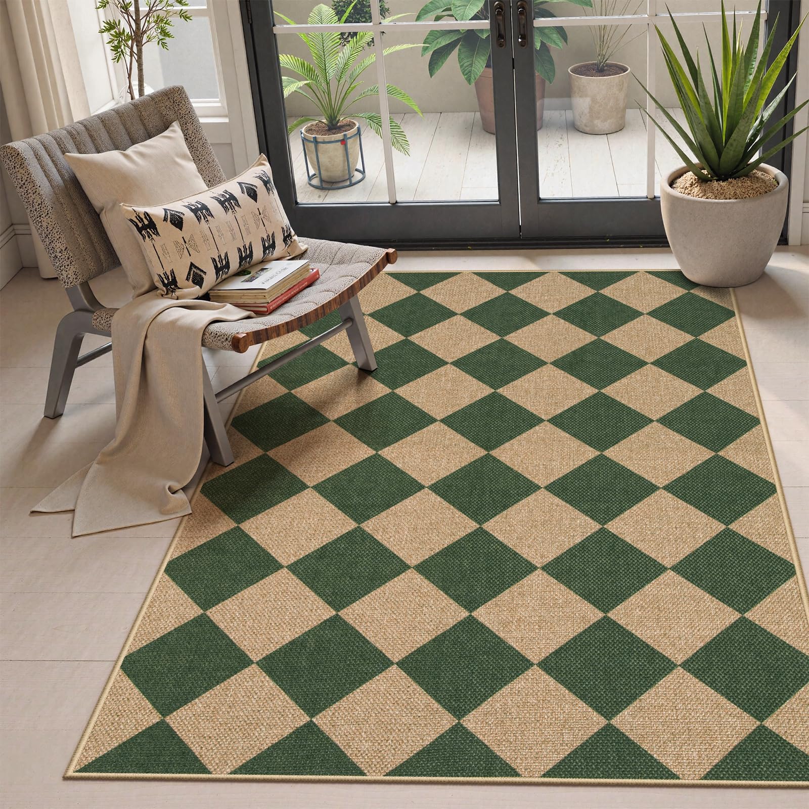 Lahome Colette Checkered Easy Jute Runner Rug, 2x8 Hallway Kitchen Runner Rug Non Slip Washable Outdoor Carpet for Entryway Indoor, Checkerboard Black Indoor Outdoor Carpet for Hallway 8ft Entry