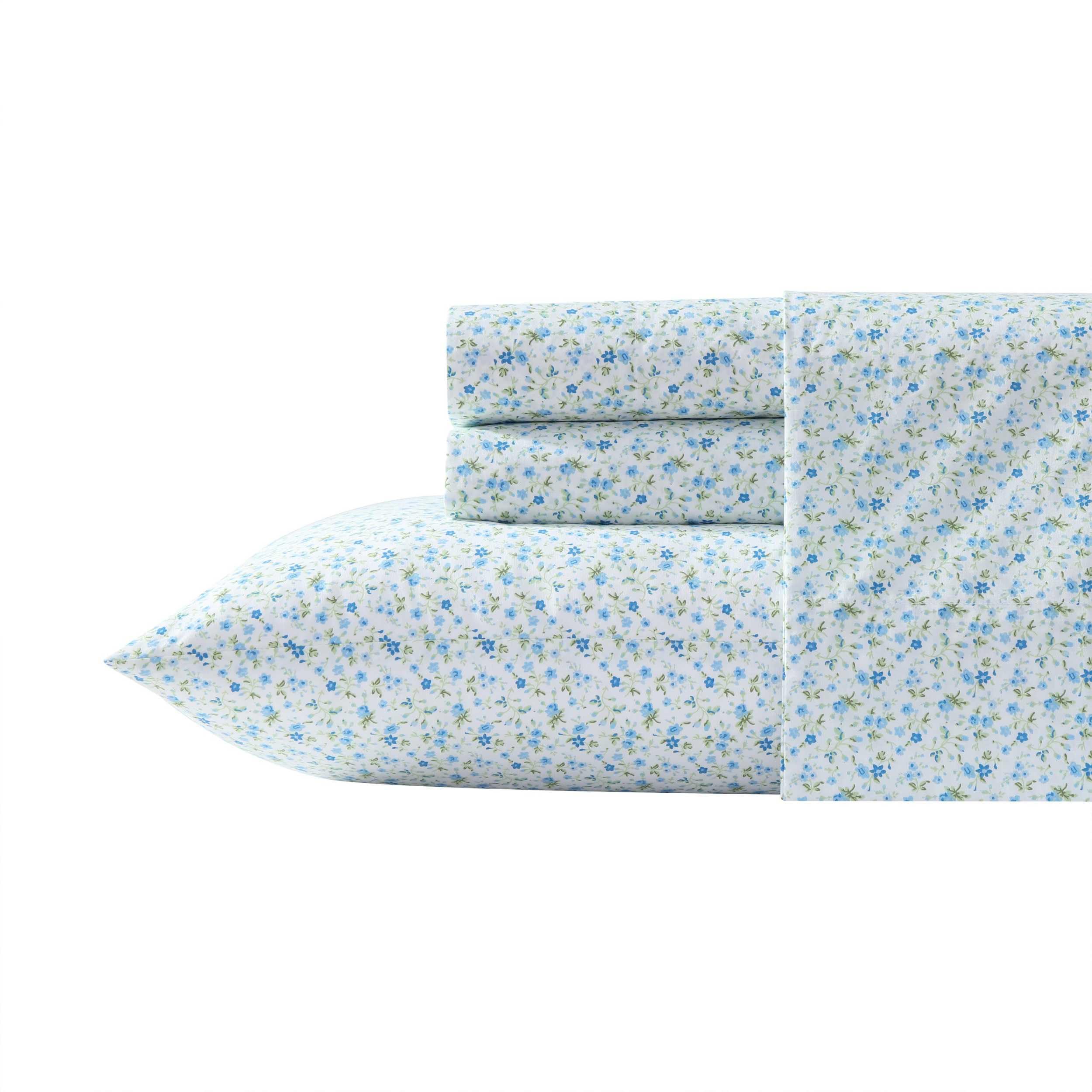 Laura Ashley - Queen Sheet Set, Crisp & Cool Sheets w/a Naturally Smooth Cotton Percale Feel, Deep Pocket, Bed Sheets with Matching Pillowcases & Fitted Sheet (Francesca Blue)
