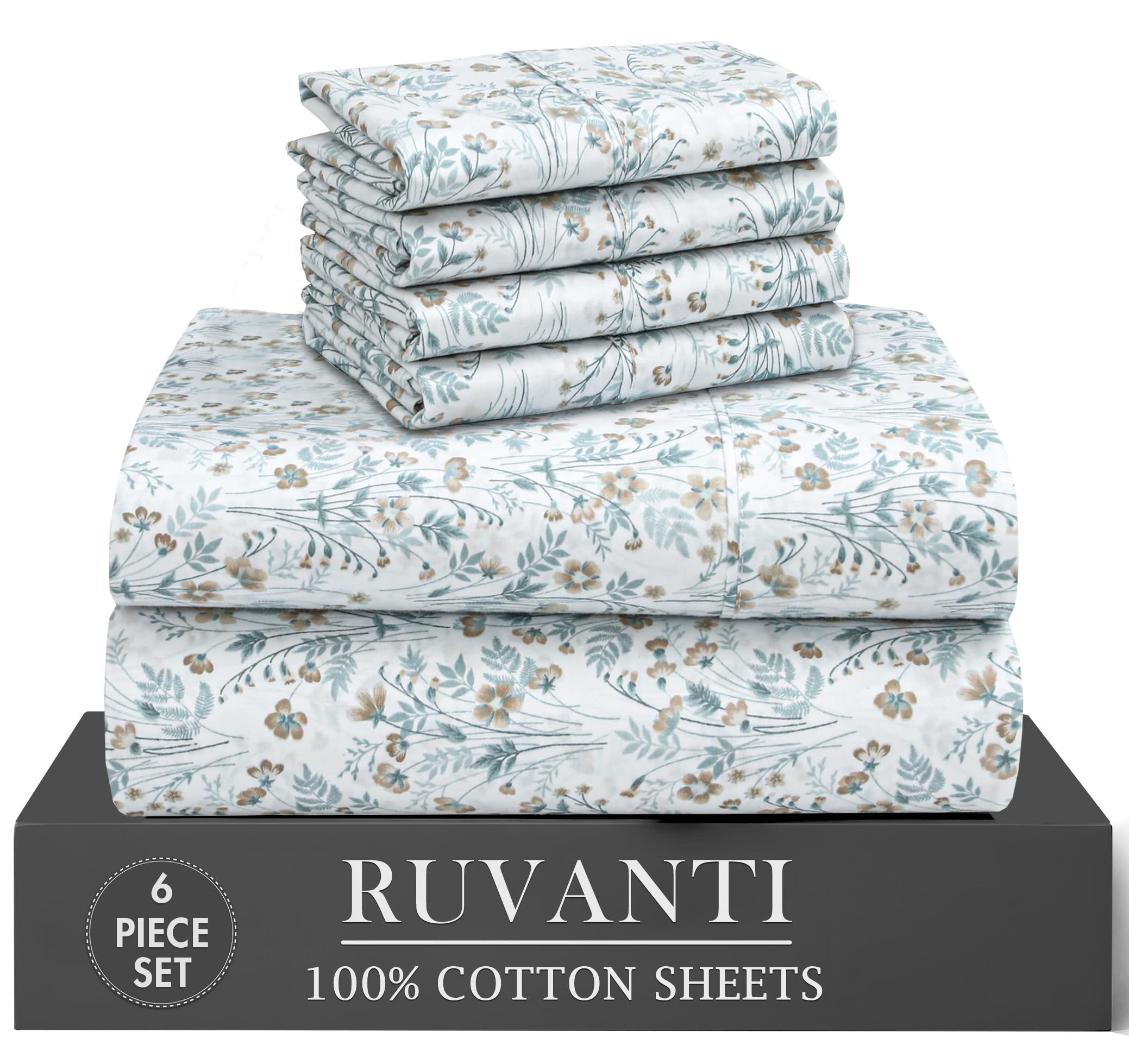 RUVANTI 6 Pcs Cotton Sheets - 100% Natural Cotton Soft, Lightweight & Breathable Crispy Percale Bed Sheets, Queen Sheet Set 16" Deep Pockets, Wild Flower