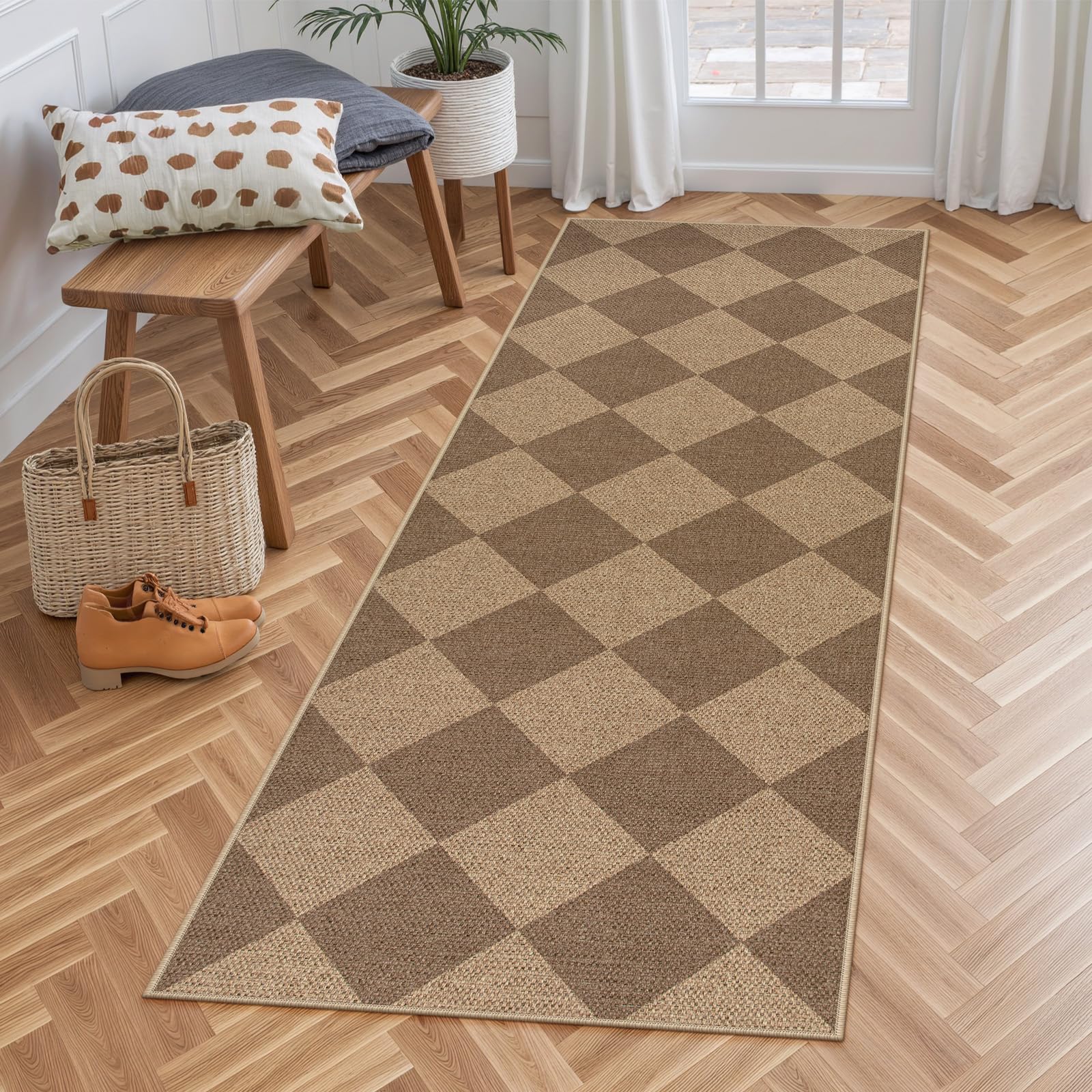Lahome Colette Checkered Easy Jute Runner Rug, 2x8 Hallway Kitchen Runner Rug Non Slip Washable Outdoor Carpet for Entryway Indoor, Checkerboard Black Indoor Outdoor Carpet for Hallway 8ft Entry