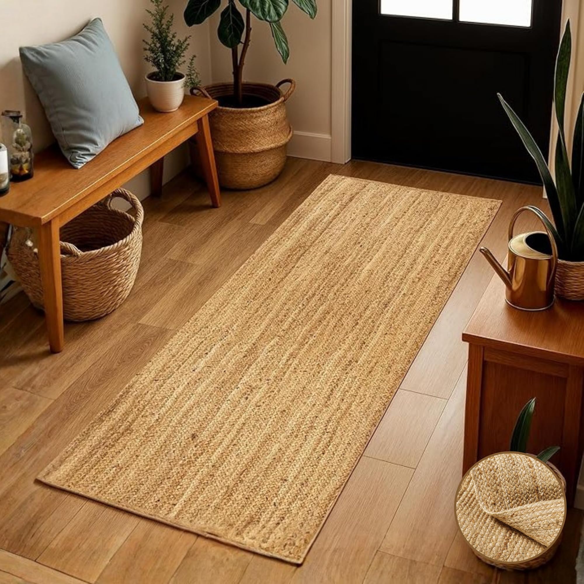 Jute-Cotton Rug 2x6 – Luxurious Natural Hallway Runner with Non-Slip Backing, Low-Profile Kitchen Rug for Entryway, Boho Decor, or High-Traffic Areas – Eco-Friendly 2x6 Jute Cotton