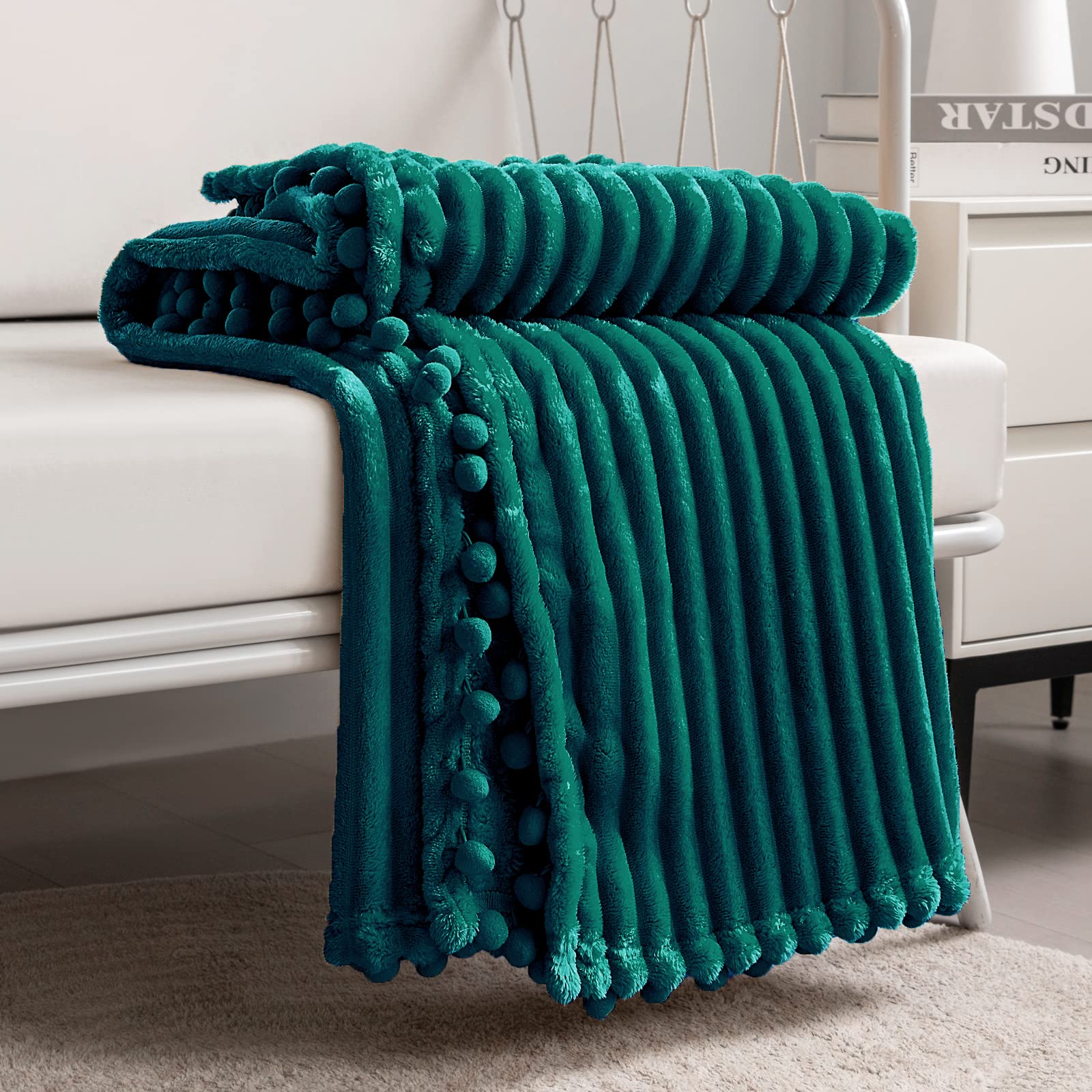 DISSA Fleece Blanket Twin Size – 60x80, Coral - Soft, Plush, Fluffy, Fuzzy, Warm, Cozy – Perfect Throw for Couch, Bed, Sofa - with Pompom Fringe - Flannel Blanket