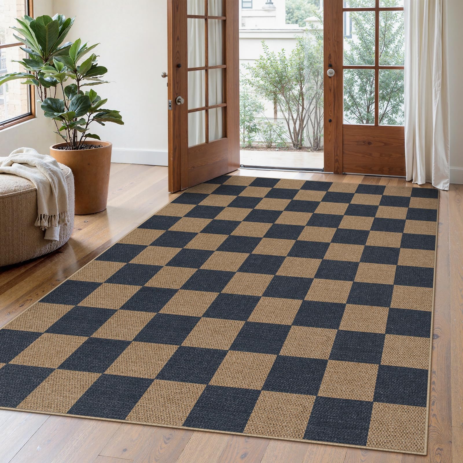 Lahome Colette Checkered Easy Jute Runner Rug, 2x8 Hallway Kitchen Runner Rug Non Slip Washable Outdoor Carpet for Entryway Indoor, Checkerboard Black Indoor Outdoor Carpet for Hallway 8ft Entry