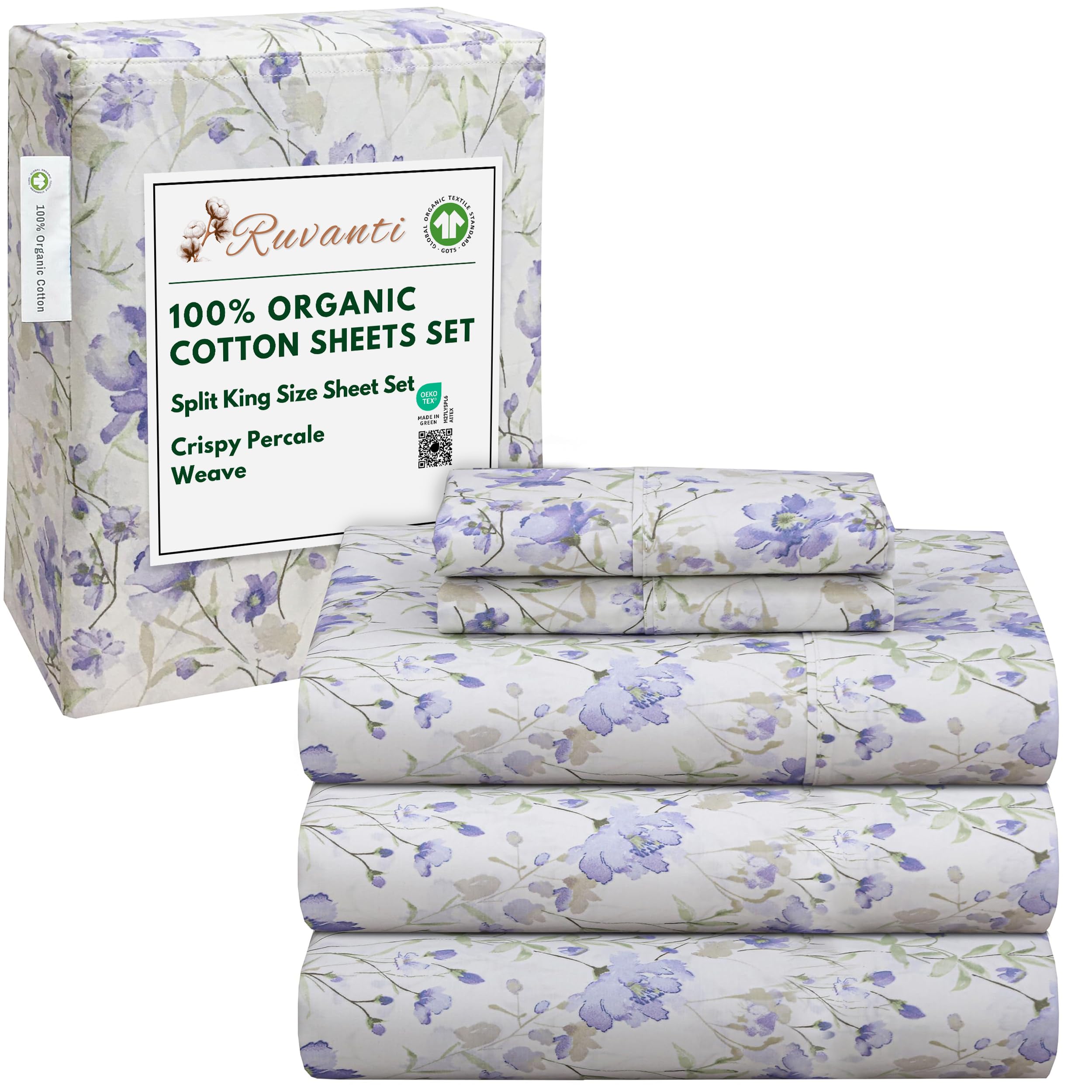 RUVANTI 100% Organic Cotton Sheets Queen Size, Percale Weave, GOTS Certified, 4-Piece Set, Deep Pocket 15", Crisp & Breathable, Soft Durable Bedding, Sábanas Algodón Orgánico – Daisy Bud