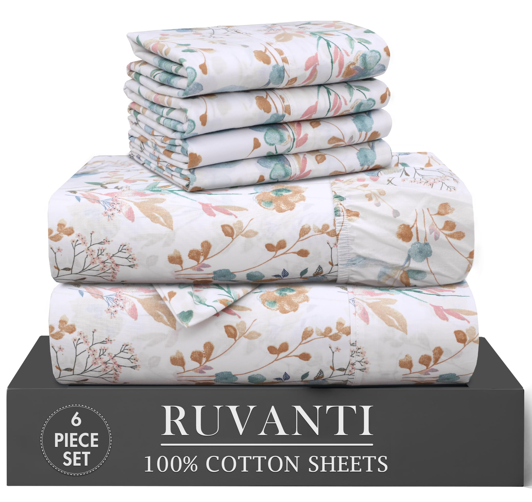 RUVANTI 6 Pcs Cotton Sheets - 100% Natural Cotton Soft, Lightweight & Breathable Crispy Percale Bed Sheets, Queen Sheet Set 16" Deep Pockets, Wild Flower