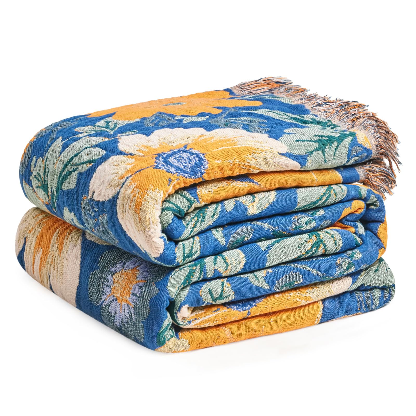 Boho Throw Blanket - 100% Cotton Soft Spring Throw Blanket for Bed, 90"x108" Reversible Breathable Lightweight Blankets, All Seasons Farmhouse Decor Floral Plant Butterfly Throw Quilt