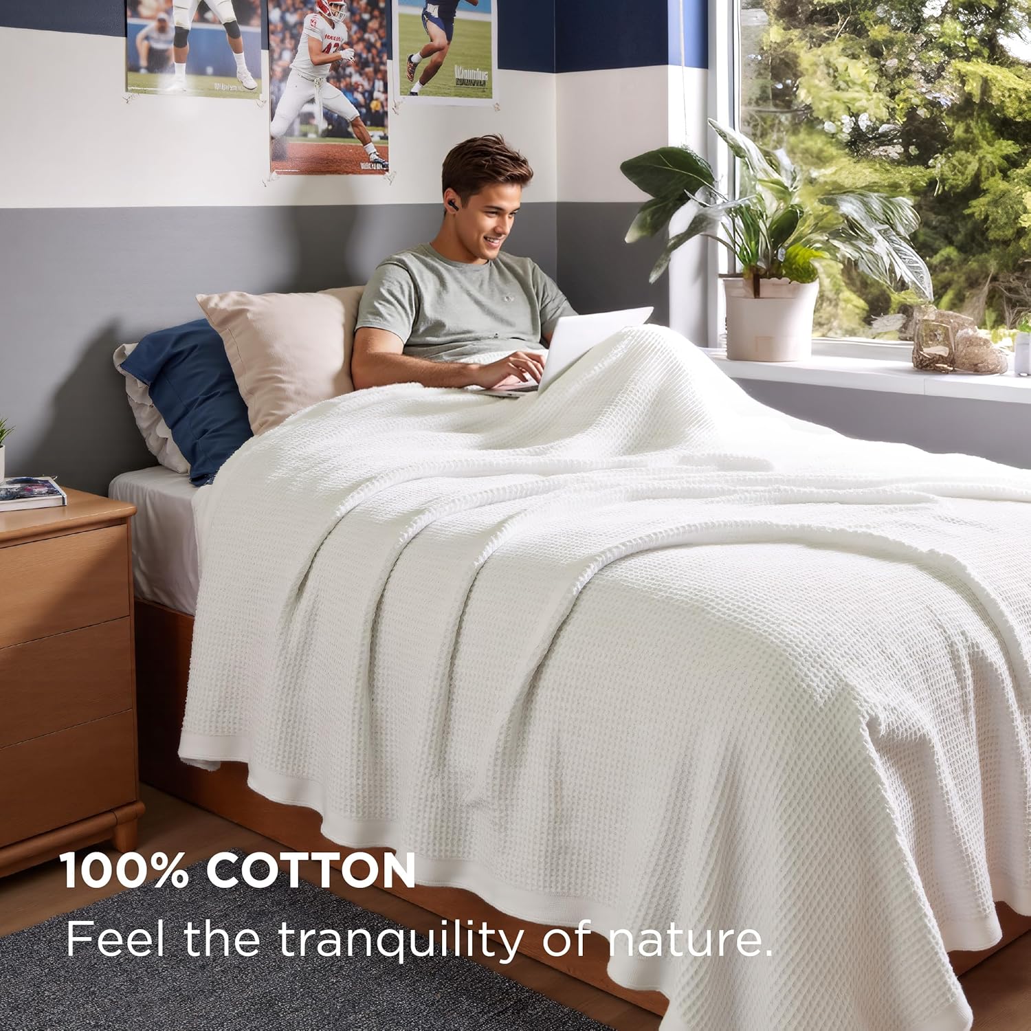 Bedsure Gentlesoft 100% Cotton Blanket Twin XL Size for College Dorm - Cooling Breathable and Soft for Summer, Waffle Weave Twin Blanket for Bed, Dorm Room Essentials, White, 66x90 inches