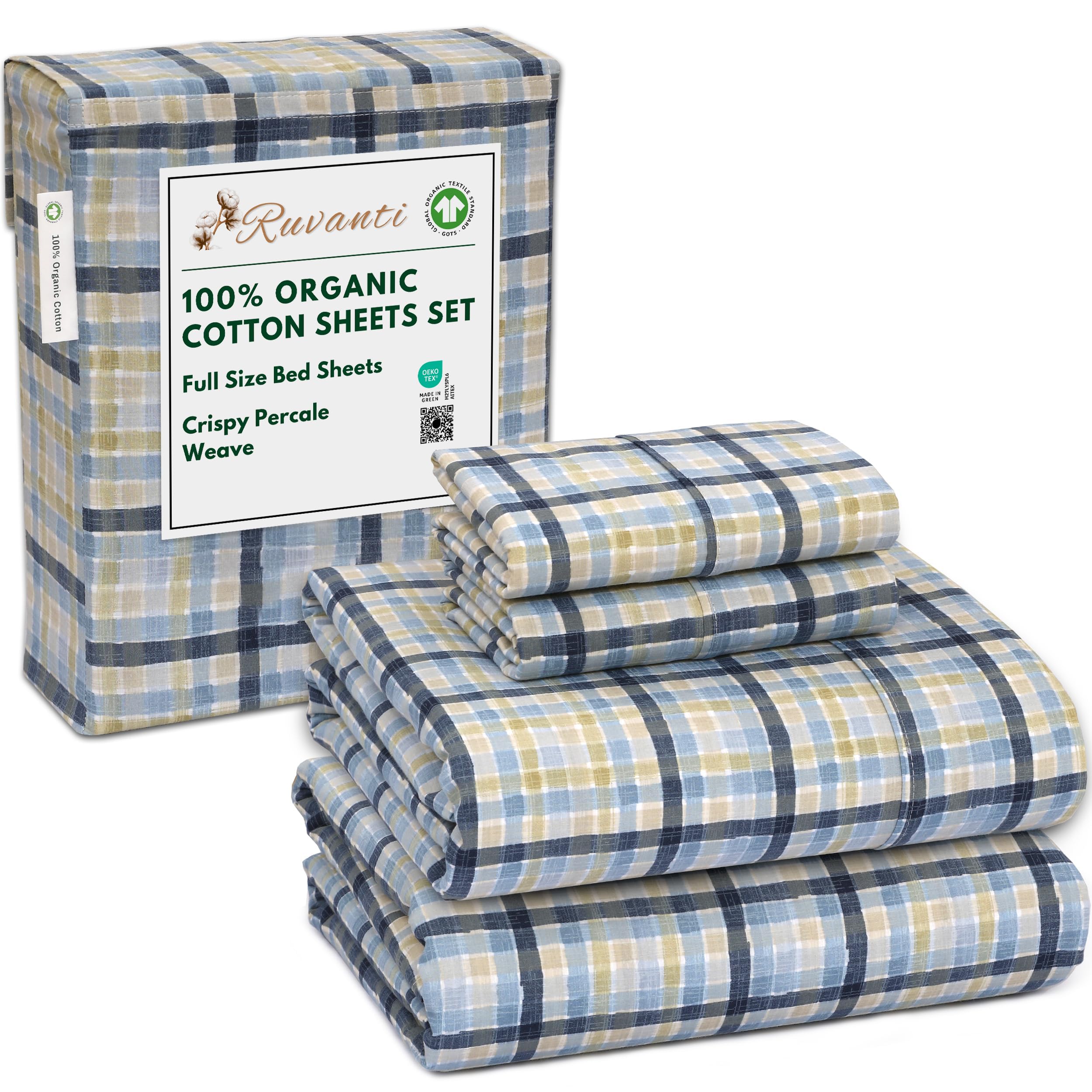 RUVANTI 100% Organic Cotton Sheets Queen Size, Percale Weave, GOTS Certified, 4-Piece Set, Deep Pocket 15", Crisp & Breathable, Soft Durable Bedding, Sábanas Algodón Orgánico – Daisy Bud