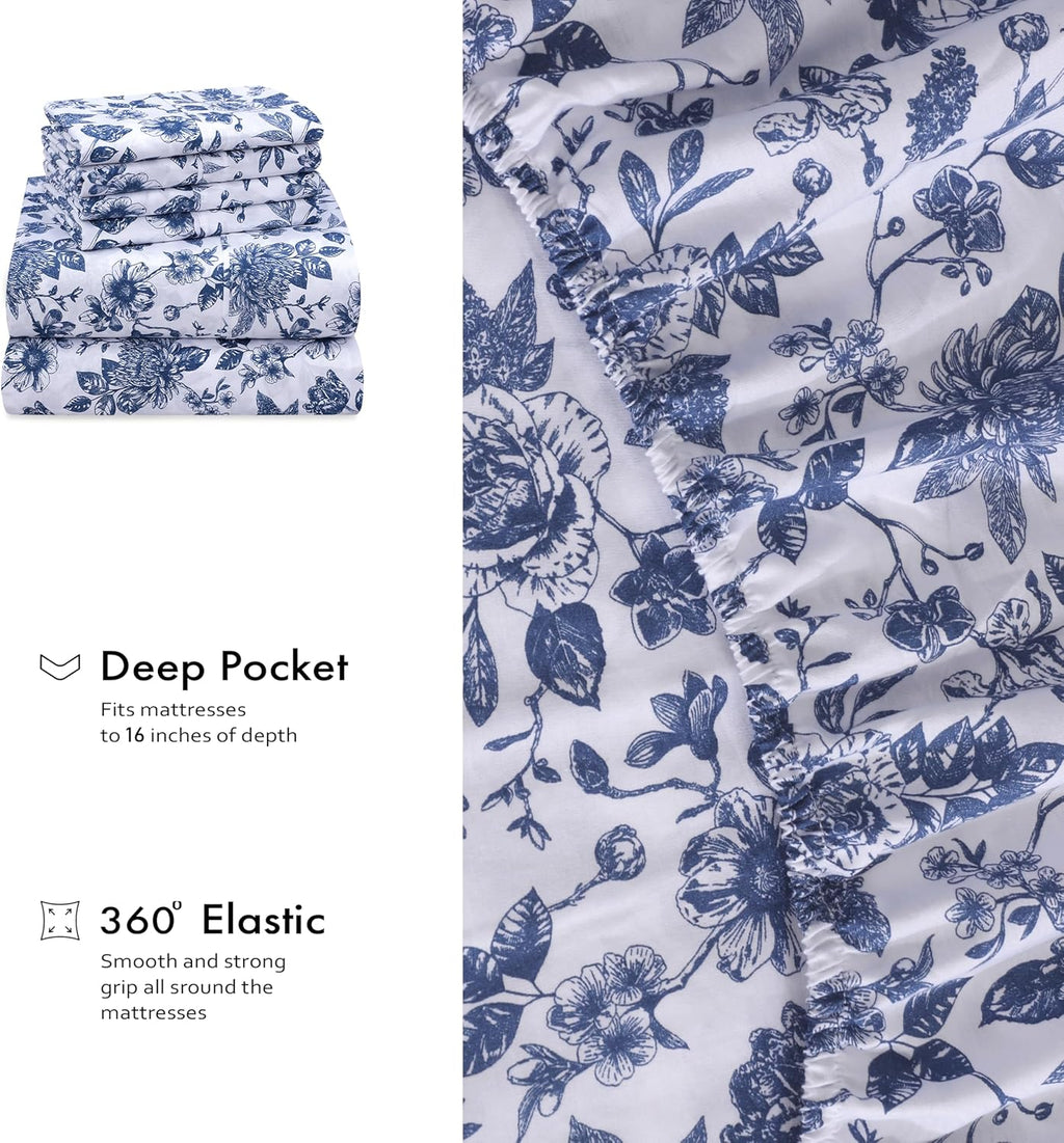 RUVANTI 6 Pcs Cotton Sheets - 100% Natural Cotton Soft, Lightweight & Breathable Crispy Percale Bed Sheets, Queen Sheet Set 16" Deep Pockets, Wild Flower