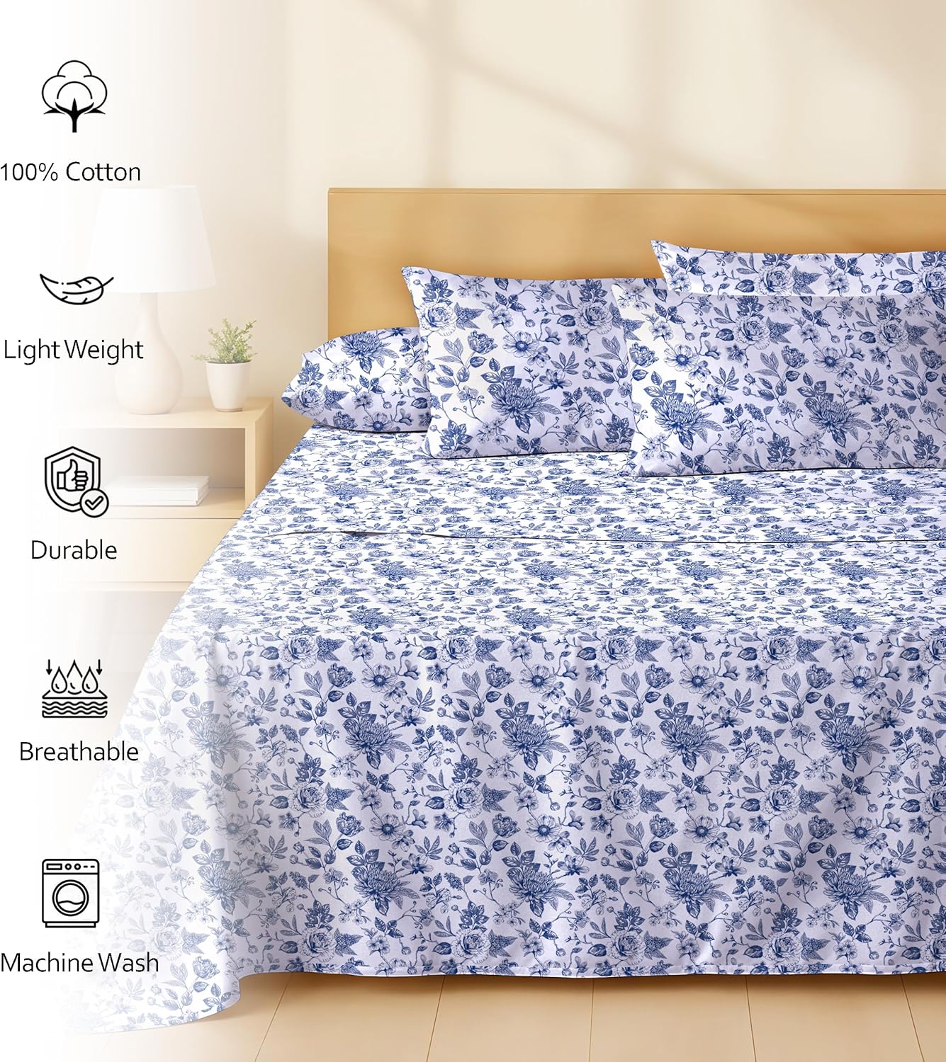RUVANTI 6 Pcs Cotton Sheets - 100% Natural Cotton Soft, Lightweight & Breathable Crispy Percale Bed Sheets, Queen Sheet Set 16" Deep Pockets, Wild Flower