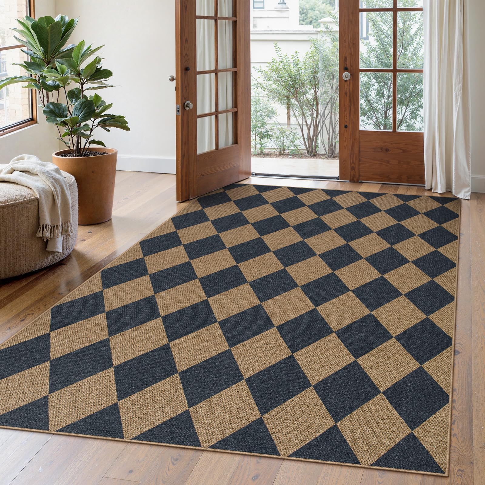 Lahome Colette Checkered Easy Jute Runner Rug, 2x8 Hallway Kitchen Runner Rug Non Slip Washable Outdoor Carpet for Entryway Indoor, Checkerboard Black Indoor Outdoor Carpet for Hallway 8ft Entry