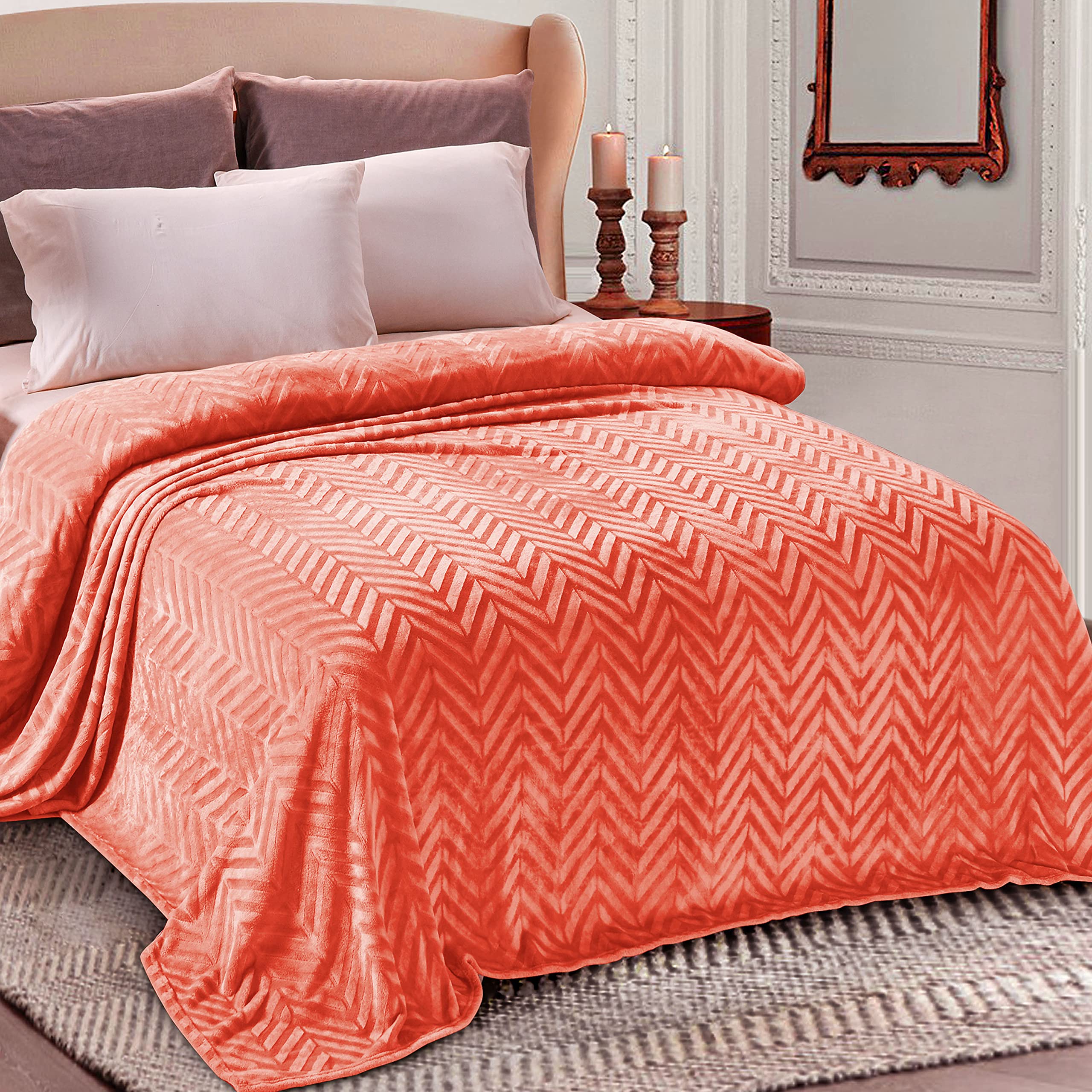 Whale Flotilla Flannel Fleece Throw Blanket for Couch Sofa Bed, Lightweight Breathable Soft Throws Plush Fluffy Chevron Design Decorative Blankets for All Season, 50x60 Inch, Coral
