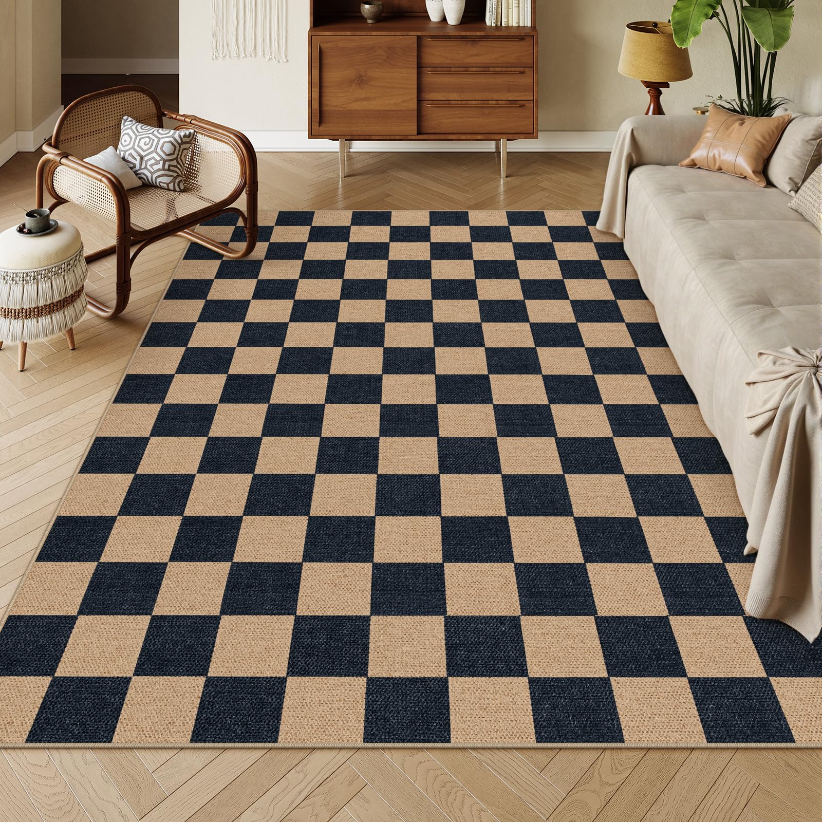 Lahome Colette Checkered Easy Jute Runner Rug, 2x8 Hallway Kitchen Runner Rug Non Slip Washable Outdoor Carpet for Entryway Indoor, Checkerboard Black Indoor Outdoor Carpet for Hallway 8ft Entry