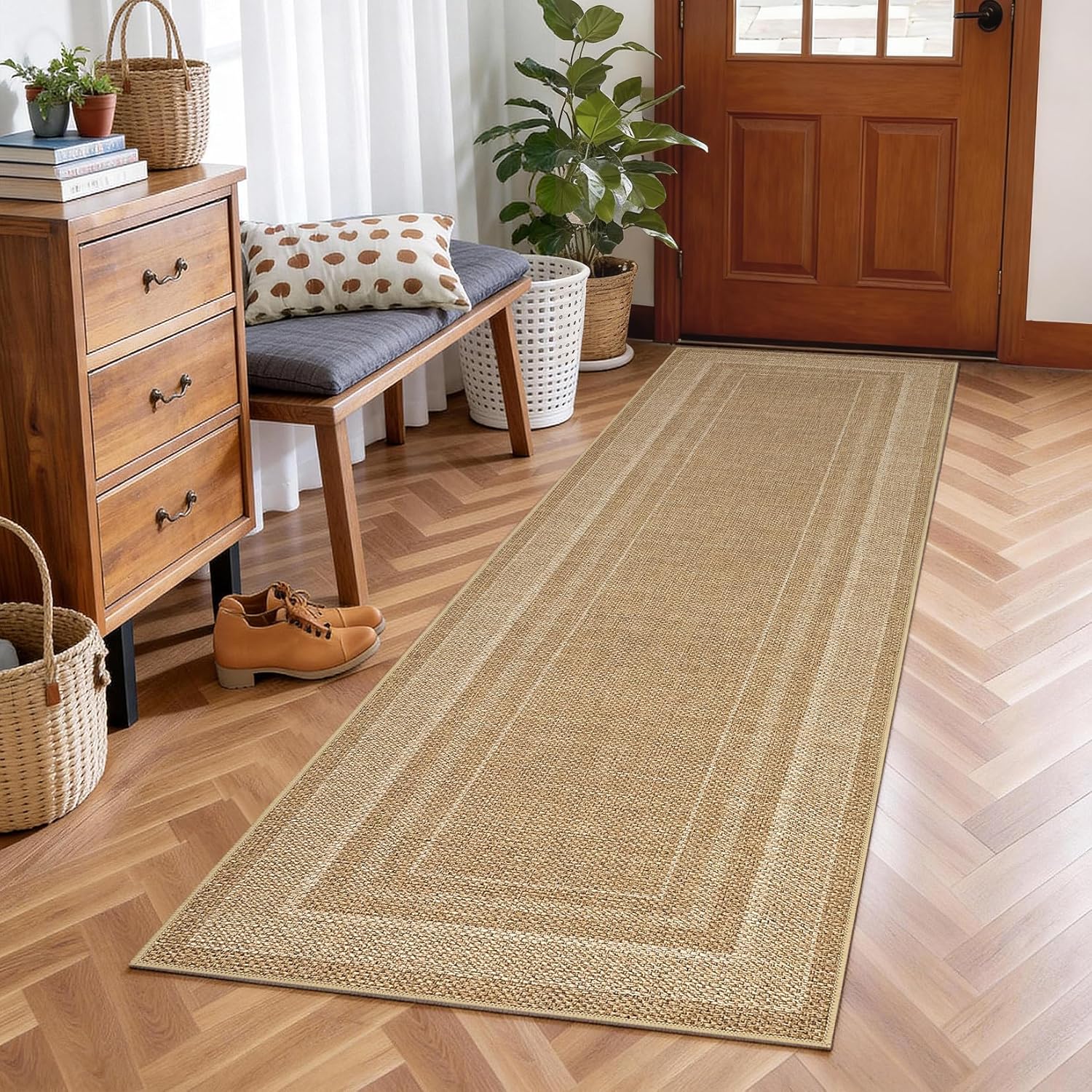 2x6 Runner Rug for Hallway Modern Solid Washable Kitchen Rugs Non Slip Outdoor Patio Runner Rugs Indoor Outdoor Easy Jute Rug Neutral Easy Jute Runners for Porch Entryway Living Room Bedroom, Natural