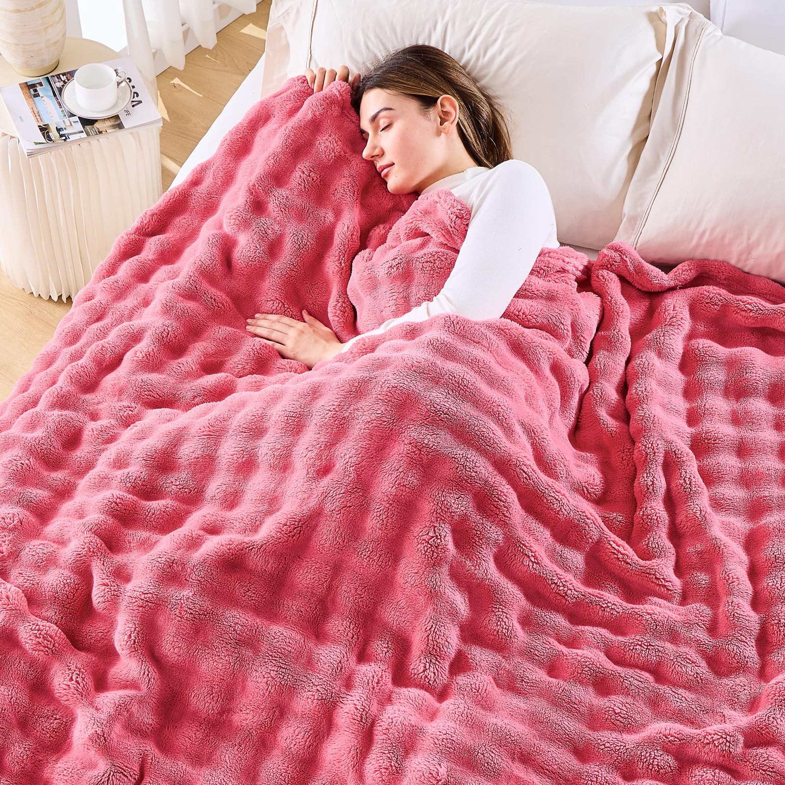 NEWCOSPLAY Throw Blanket for Couch Coral Pink Super Soft Flannel Fleece 3D Bubble Lightweight Bed Blanket All Season Use (Coral Pink, Throw(50"x60"))