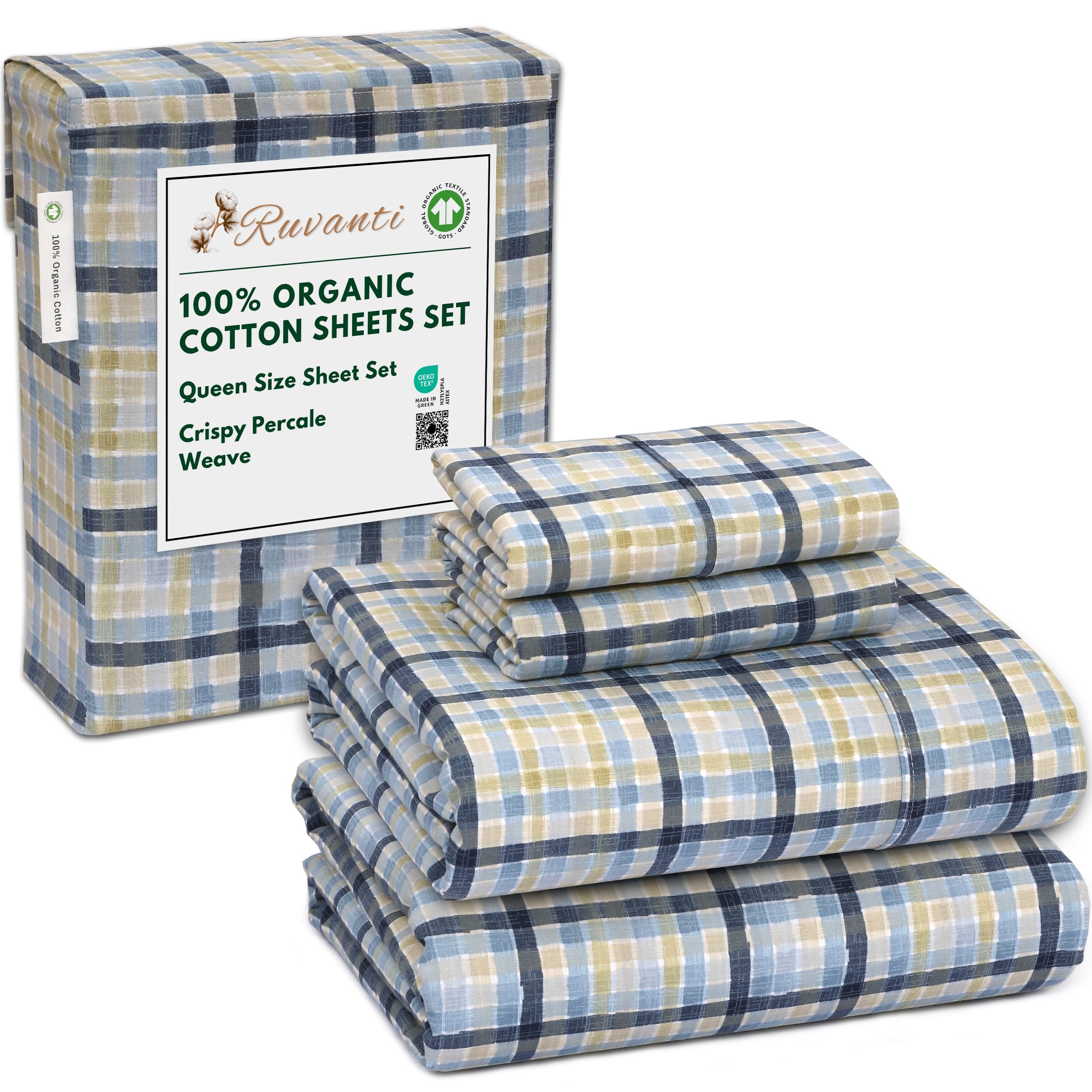 RUVANTI 100% Organic Cotton Sheets Queen Size, Percale Weave, GOTS Certified, 4-Piece Set, Deep Pocket 15", Crisp & Breathable, Soft Durable Bedding, Sábanas Algodón Orgánico – Daisy Bud
