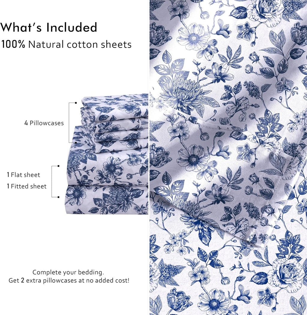 RUVANTI 6 Pcs Cotton Sheets - 100% Natural Cotton Soft, Lightweight & Breathable Crispy Percale Bed Sheets, Queen Sheet Set 16" Deep Pockets, Wild Flower