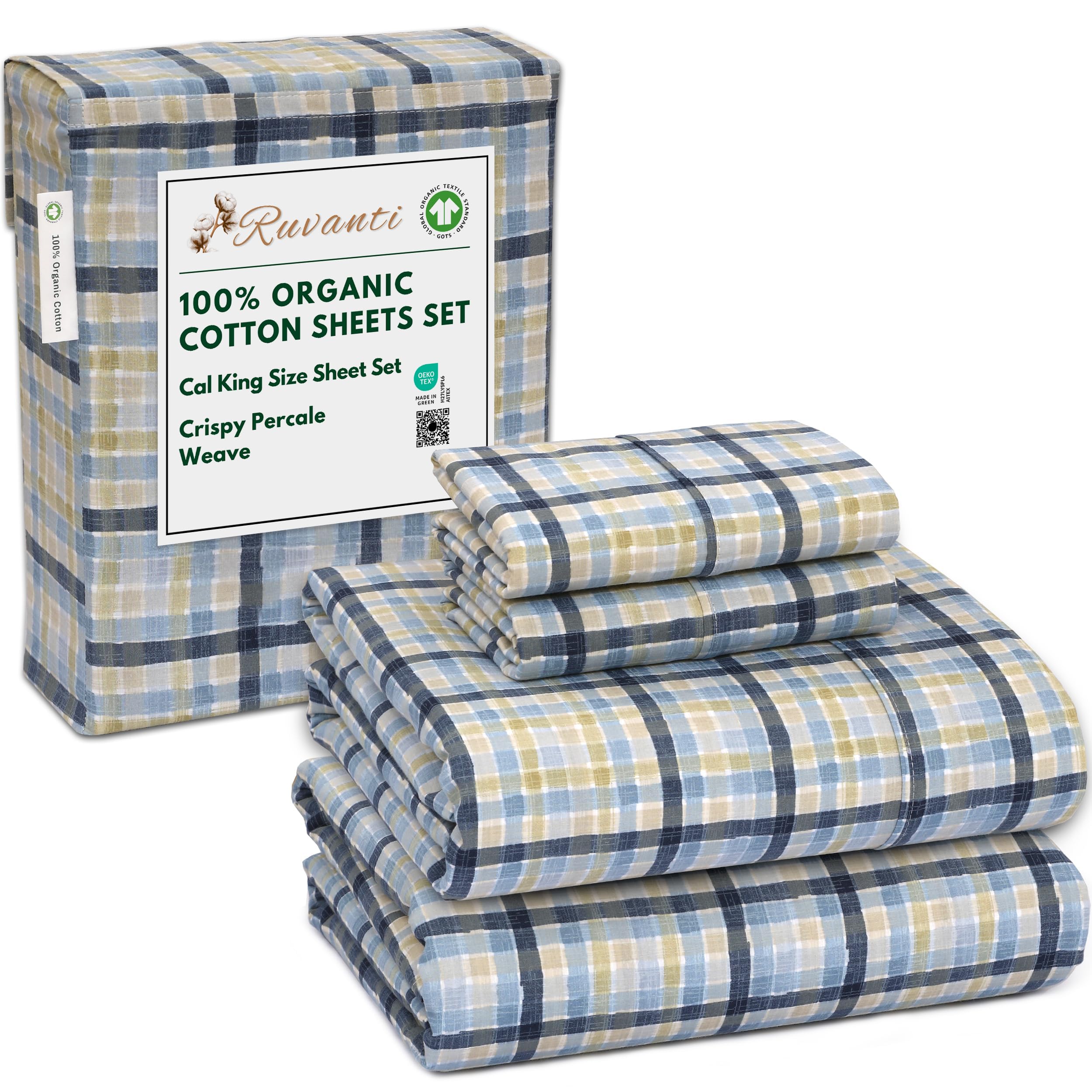 RUVANTI 100% Organic Cotton Sheets Queen Size, Percale Weave, GOTS Certified, 4-Piece Set, Deep Pocket 15", Crisp & Breathable, Soft Durable Bedding, Sábanas Algodón Orgánico – Daisy Bud