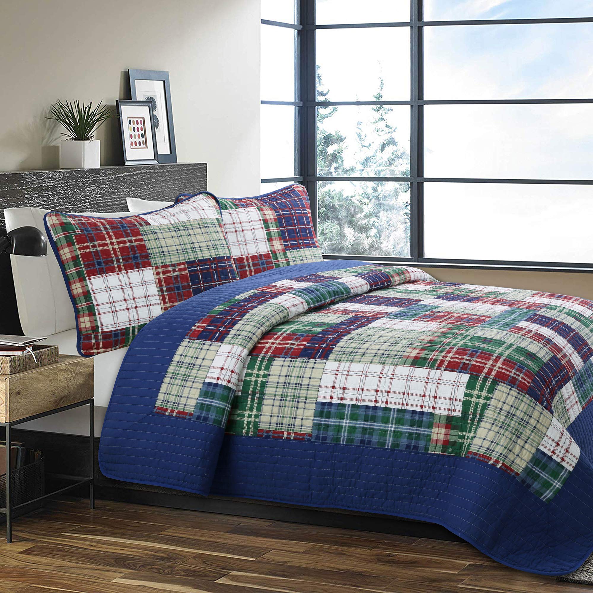 Cozy Line Home Fashions Benjamin Cute Dinosaur Plaid Navy Blue White Grey Bedding Quilt Set 100% Cotton Reversible Coverlet Bedspread Set for Kids Boy(Twin - 2 Piece)