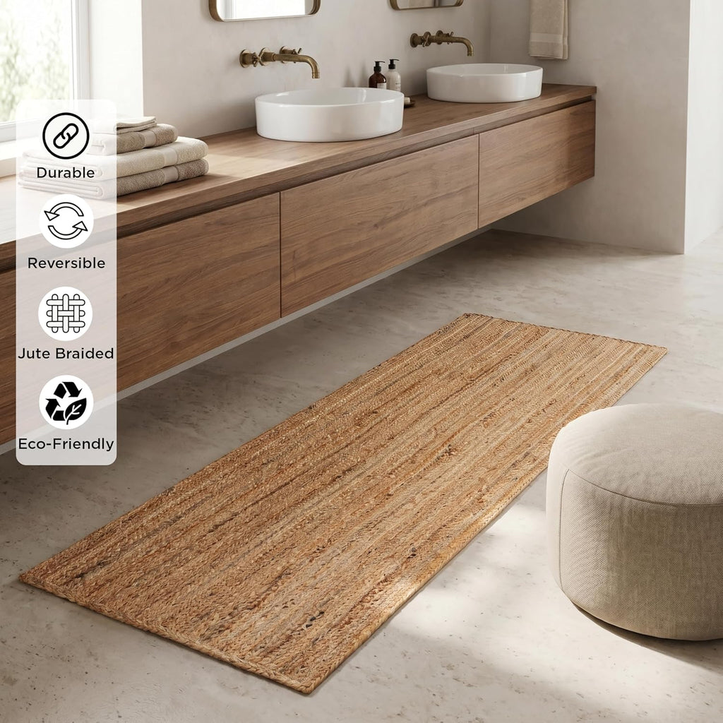 Jute Braided Runner Rug, Natural - 2x6 Feet, Farmhouse Hand Woven Coastal Runners for Hallways, Kitchen, Bedroom, Entry Door | Neutral Boho Beige Floor Carpet for Nursery, Balcony - 24x72 Inches