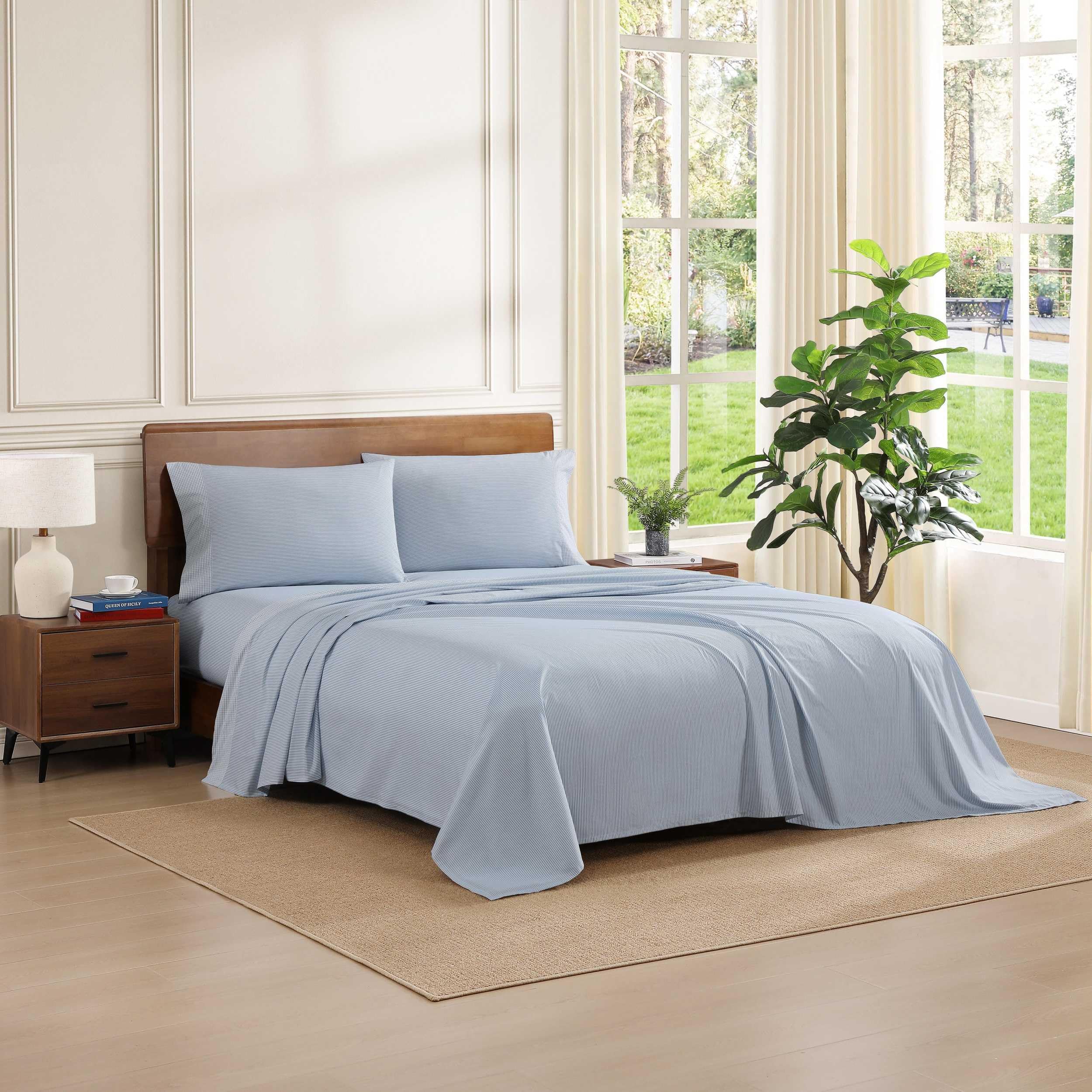 Tommy Hilfiger - Queen Bed Sheets, Crisp & Cool Cotton Percale Bedding with Matching Pillowcases, Lightweight Bed Set, Oeko-Tex Certified (Effortless Stripe Beige)