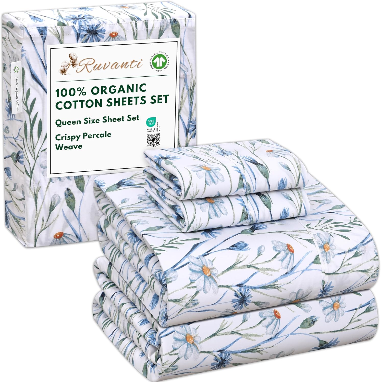 RUVANTI 100% Organic Cotton Sheets Queen Size, Percale Weave, GOTS Certified, 4-Piece Set, Deep Pocket 15", Crisp & Breathable, Soft Durable Bedding, Sábanas Algodón Orgánico – Daisy Bud