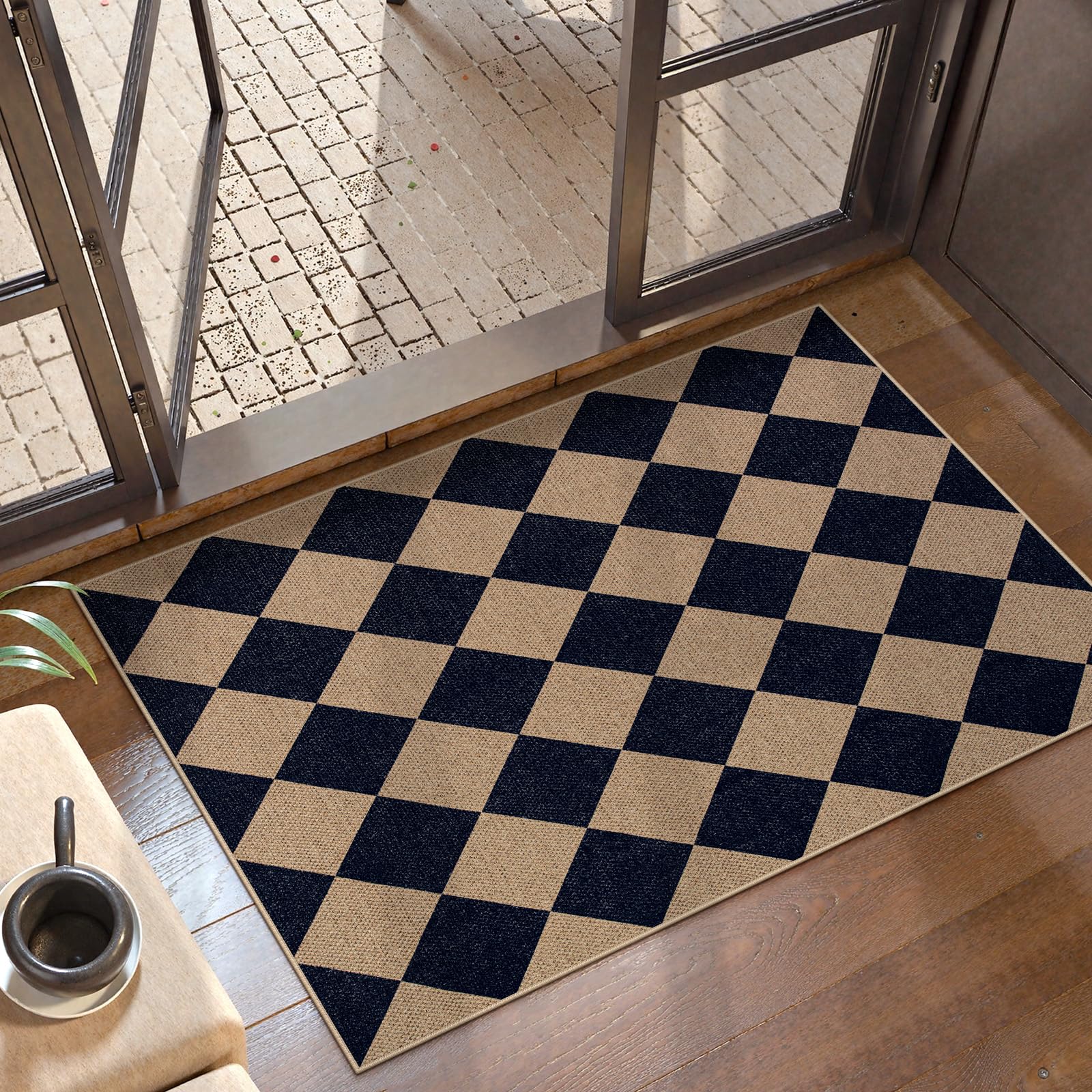 Lahome Colette Checkered Easy Jute Runner Rug, 2x8 Hallway Kitchen Runner Rug Non Slip Washable Outdoor Carpet for Entryway Indoor, Checkerboard Black Indoor Outdoor Carpet for Hallway 8ft Entry
