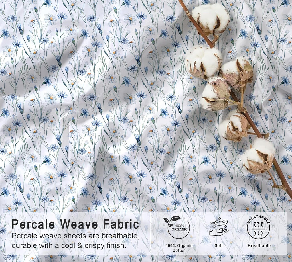 RUVANTI 100% Organic Cotton Sheets Queen Size, Percale Weave, GOTS Certified, 4-Piece Set, Deep Pocket 15", Crisp & Breathable, Soft Durable Bedding, Sábanas Algodón Orgánico – Daisy Bud