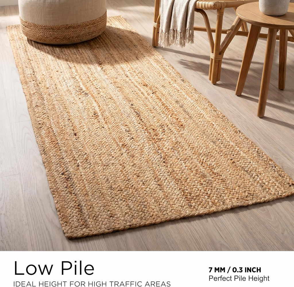 Jute Braided Runner Rug, Natural - 2x6 Feet, Farmhouse Hand Woven Coastal Runners for Hallways, Kitchen, Bedroom, Entry Door | Neutral Boho Beige Floor Carpet for Nursery, Balcony - 24x72 Inches