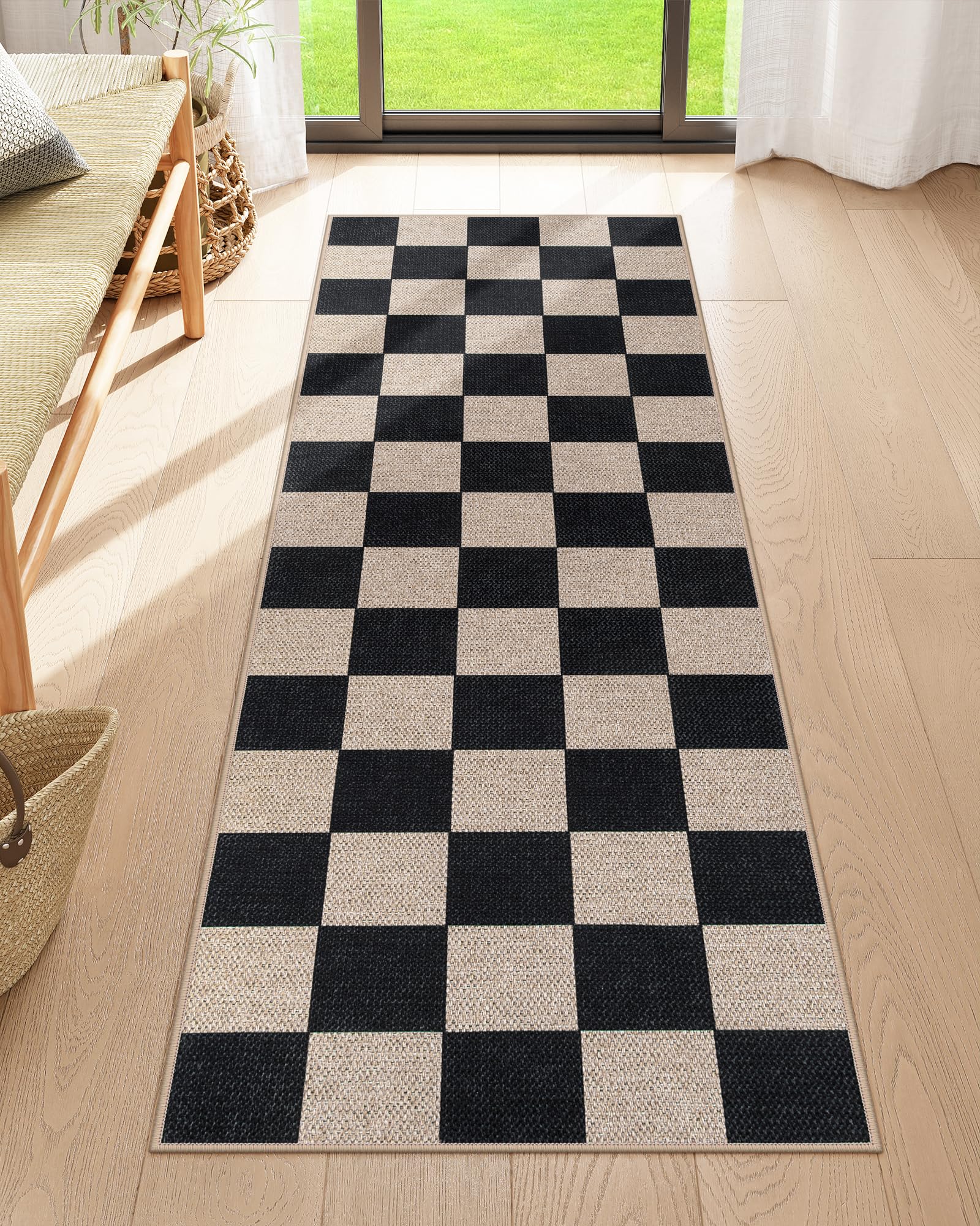 Lahome Colette Checkered Easy Jute Runner Rug, 2x8 Hallway Kitchen Runner Rug Non Slip Washable Outdoor Carpet for Entryway Indoor, Checkerboard Black Indoor Outdoor Carpet for Hallway 8ft Entry