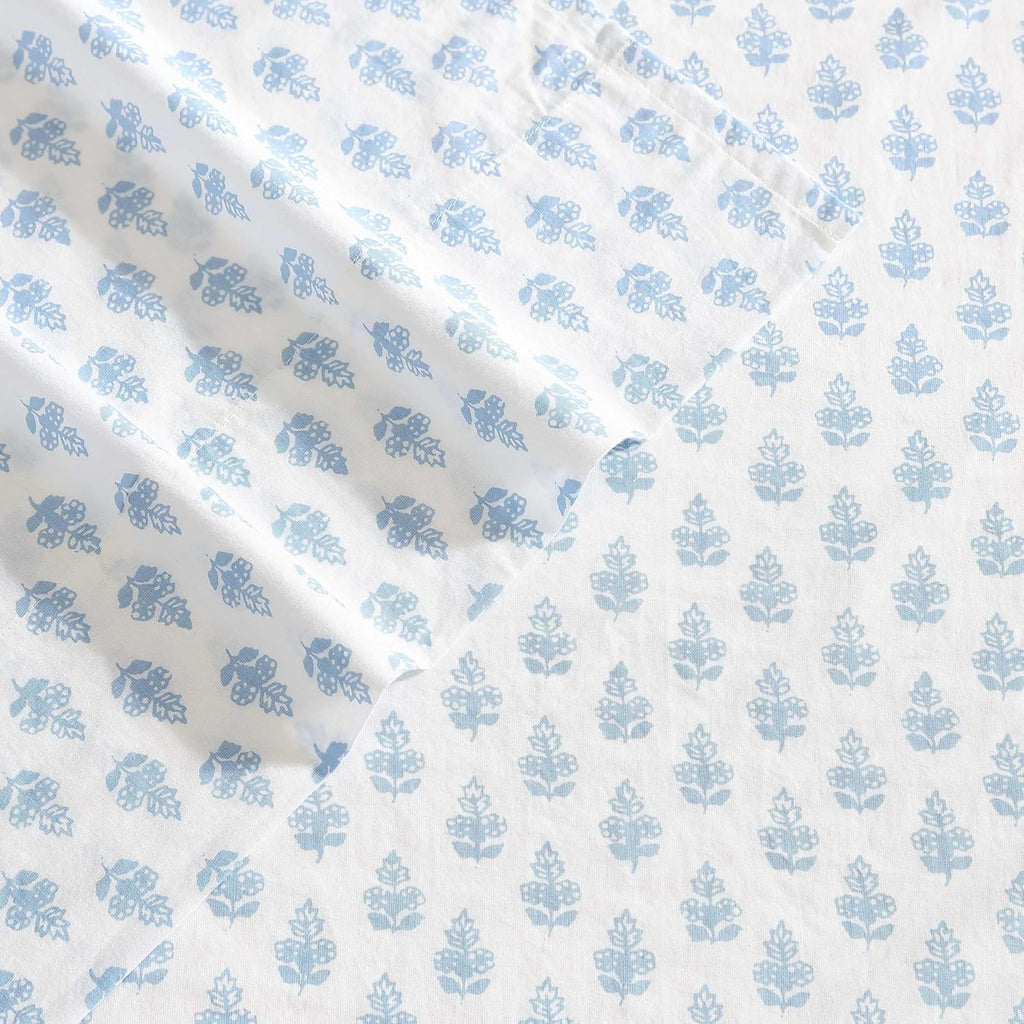 Laura Ashley - Queen Sheet Set, Crisp & Cool Sheets w/a Naturally Smooth Cotton Percale Feel, Deep Pocket, Bed Sheets with Matching Pillowcases & Fitted Sheet (Francesca Blue)