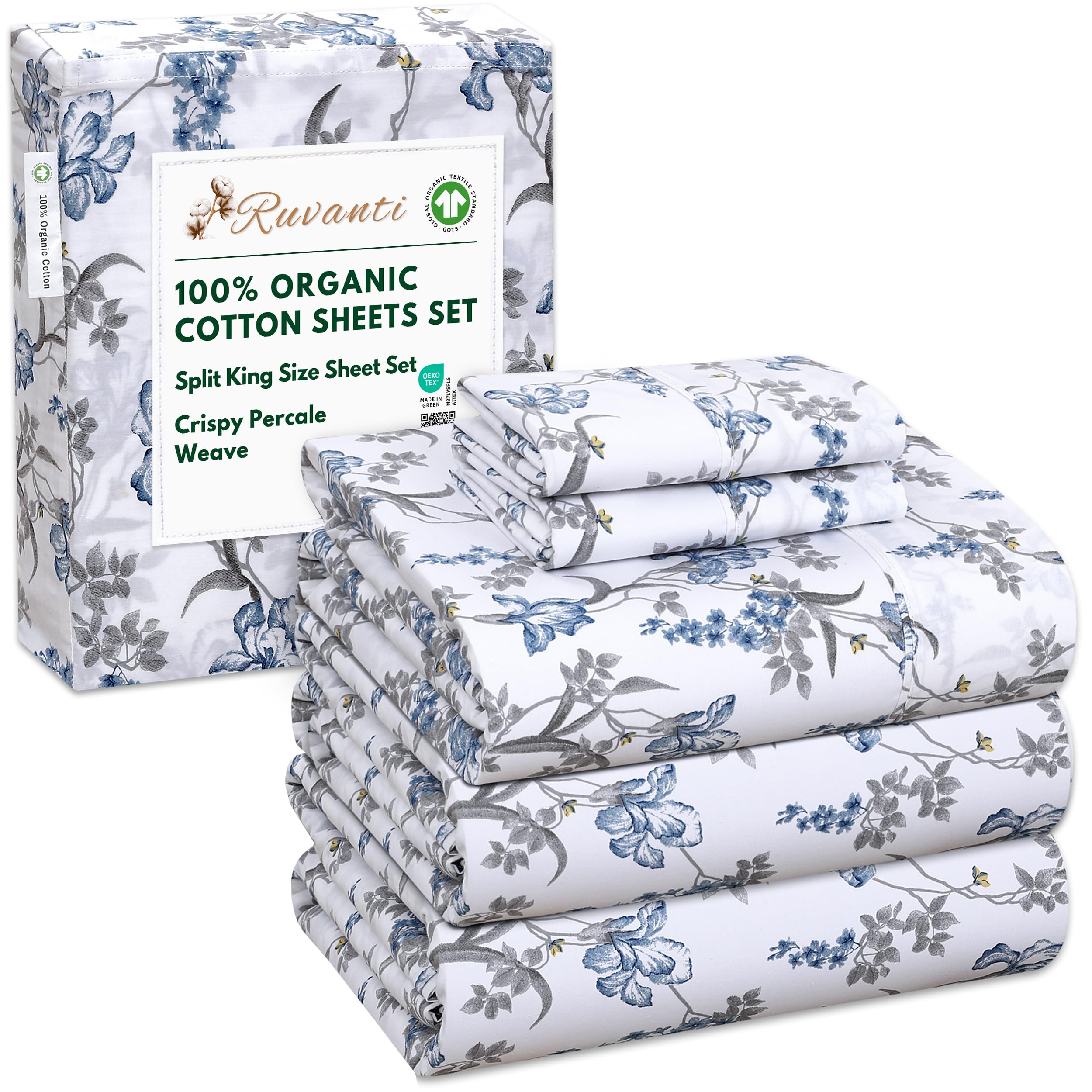 RUVANTI 100% Organic Cotton Sheets Queen Size, Percale Weave, GOTS Certified, 4-Piece Set, Deep Pocket 15", Crisp & Breathable, Soft Durable Bedding, Sábanas Algodón Orgánico – Daisy Bud