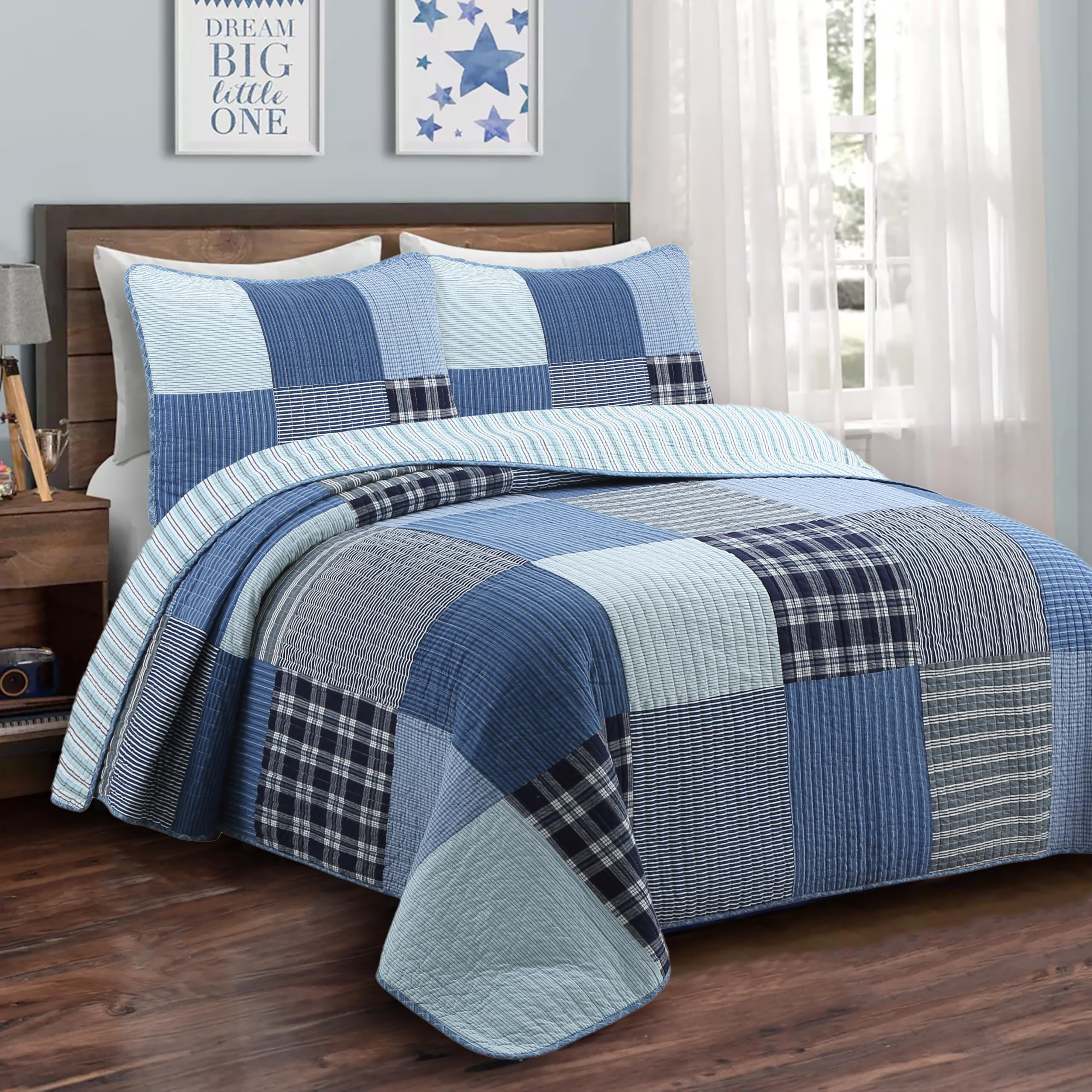 Cozy Line Home Fashions Benjamin Cute Dinosaur Plaid Navy Blue White Grey Bedding Quilt Set 100% Cotton Reversible Coverlet Bedspread Set for Kids Boy(Twin - 2 Piece)