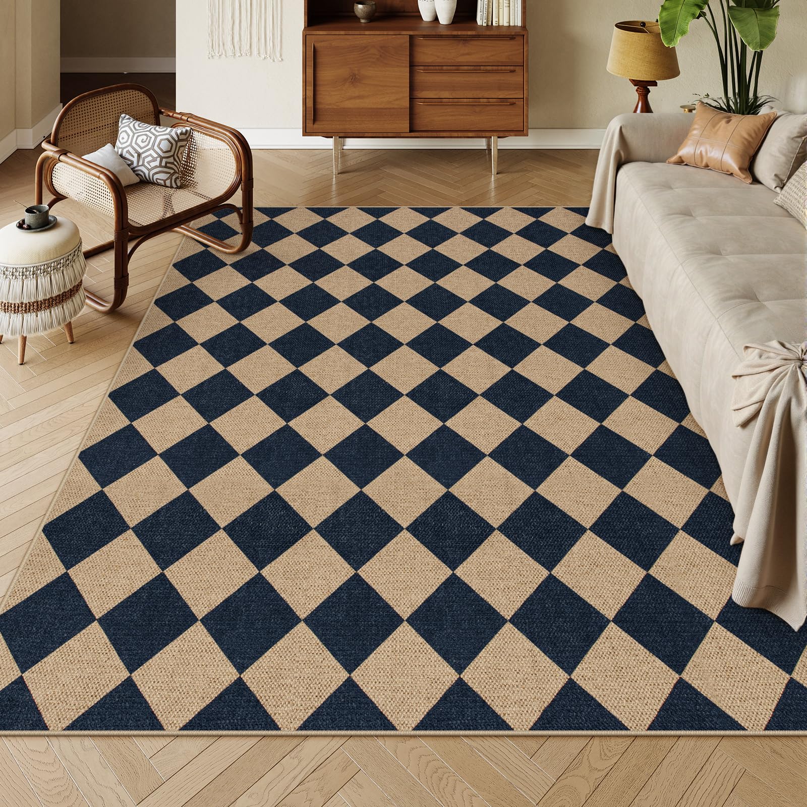 Lahome Colette Checkered Easy Jute Runner Rug, 2x8 Hallway Kitchen Runner Rug Non Slip Washable Outdoor Carpet for Entryway Indoor, Checkerboard Black Indoor Outdoor Carpet for Hallway 8ft Entry