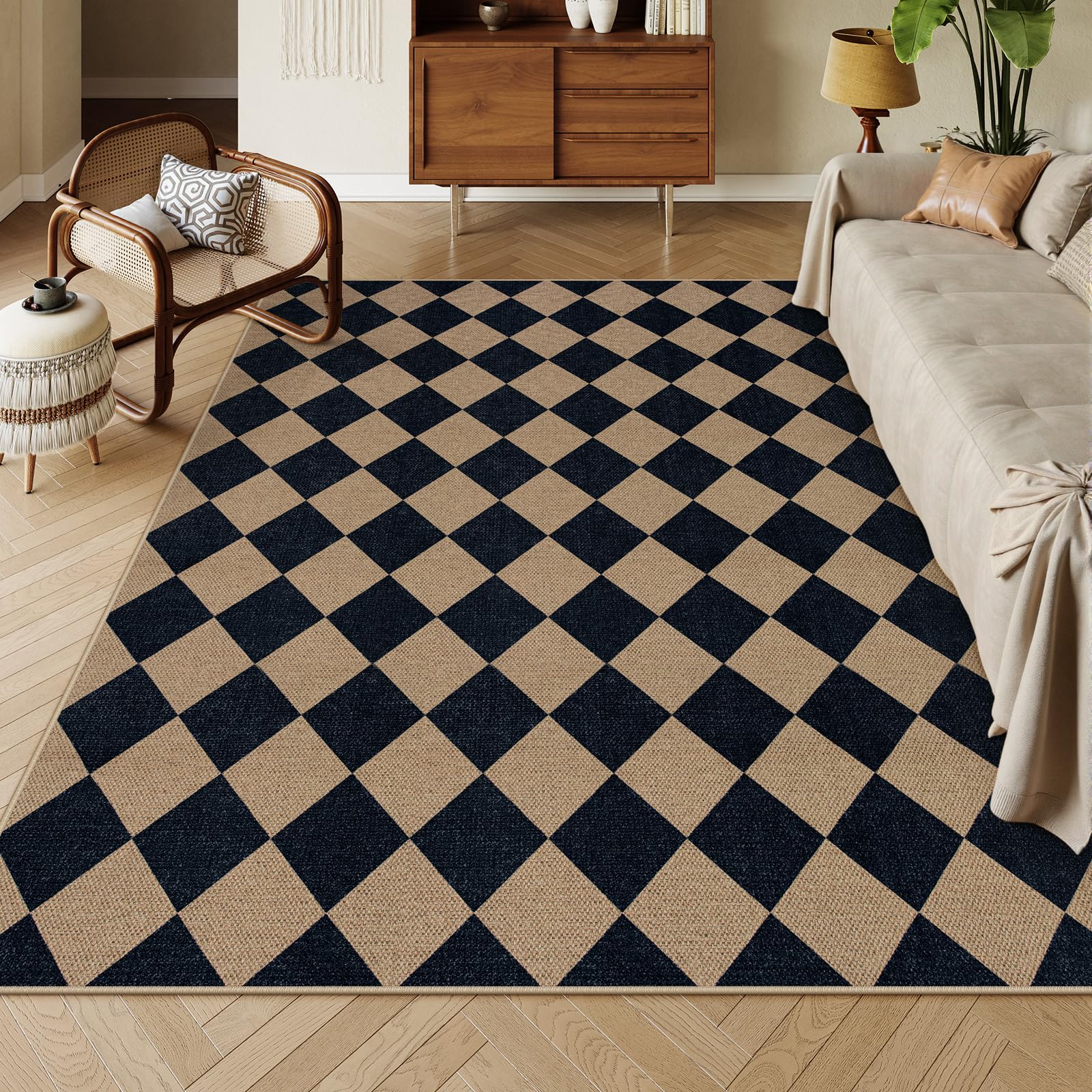 Lahome Colette Checkered Easy Jute Runner Rug, 2x8 Hallway Kitchen Runner Rug Non Slip Washable Outdoor Carpet for Entryway Indoor, Checkerboard Black Indoor Outdoor Carpet for Hallway 8ft Entry
