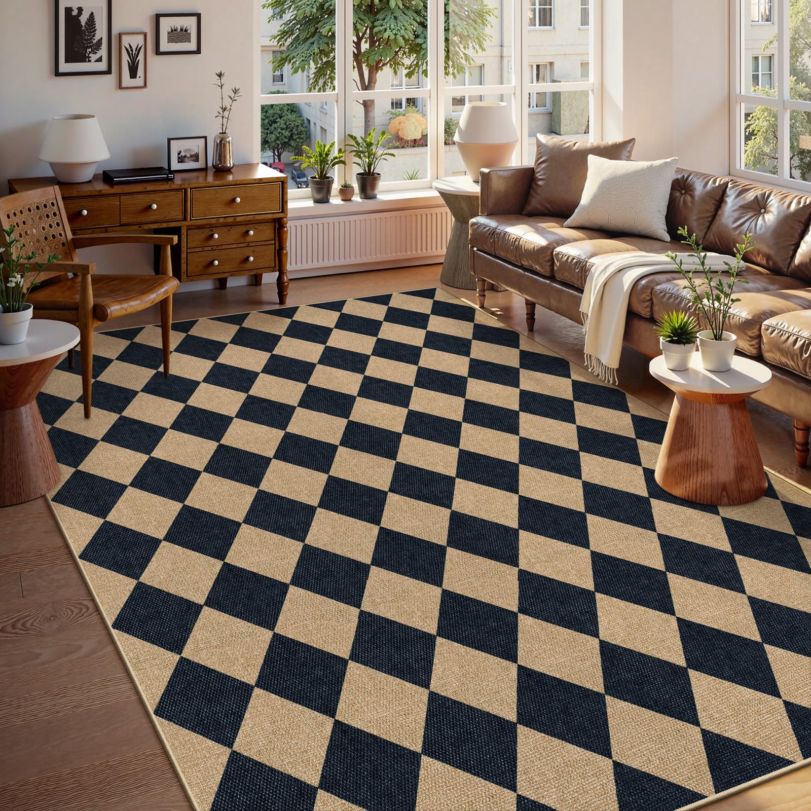 Lahome Colette Checkered Easy Jute Runner Rug, 2x8 Hallway Kitchen Runner Rug Non Slip Washable Outdoor Carpet for Entryway Indoor, Checkerboard Black Indoor Outdoor Carpet for Hallway 8ft Entry