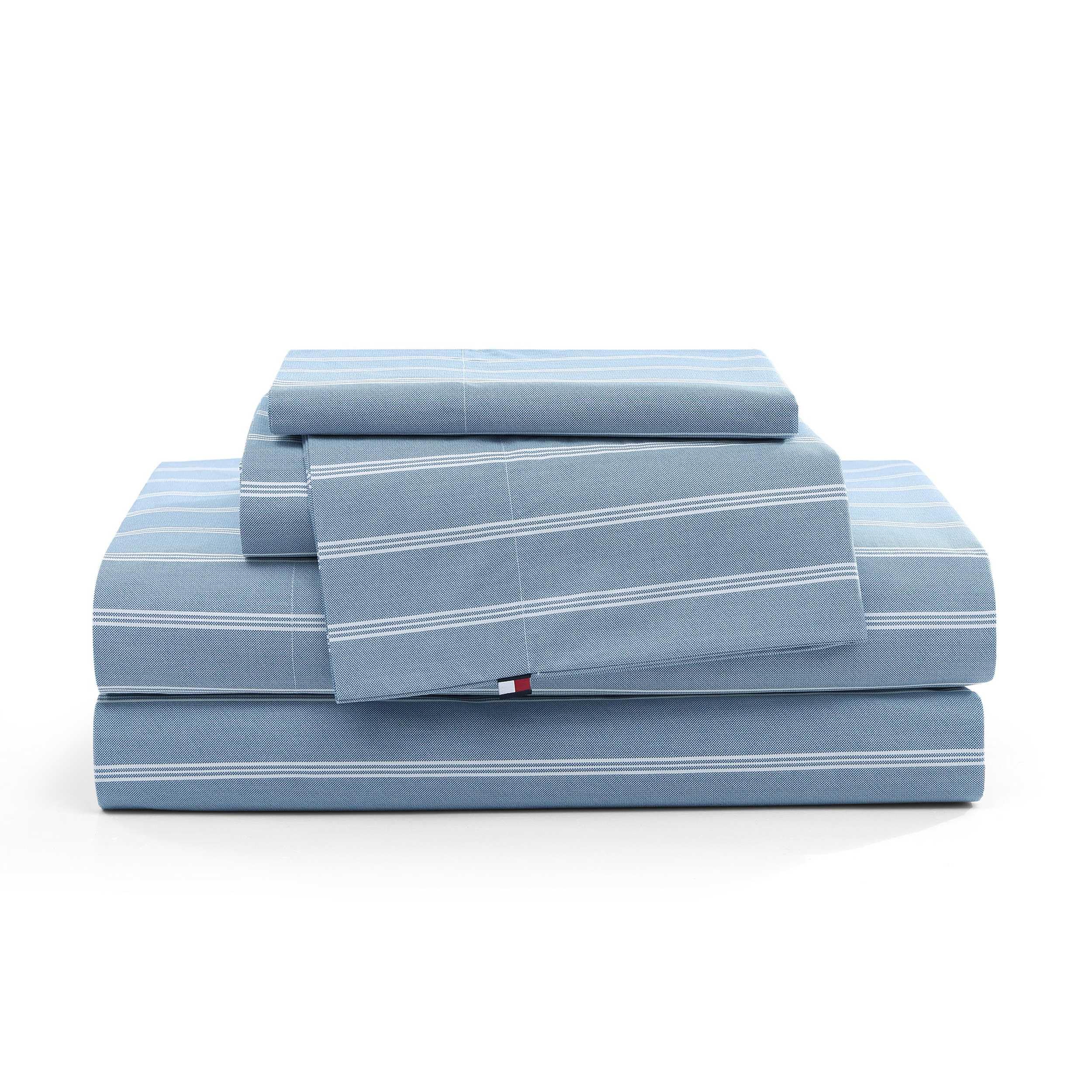 Tommy Hilfiger - Queen Bed Sheets, Crisp & Cool Cotton Percale Bedding with Matching Pillowcases, Lightweight Bed Set, Oeko-Tex Certified (Effortless Stripe Beige)