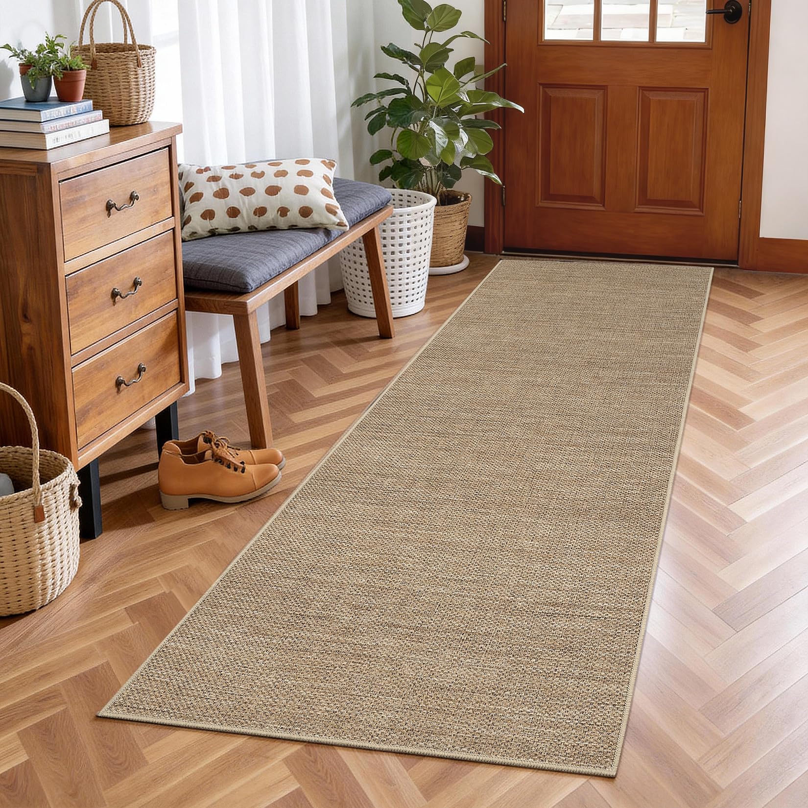2x6 Runner Rug for Hallway Modern Solid Washable Kitchen Rugs Non Slip Outdoor Patio Runner Rugs Indoor Outdoor Easy Jute Rug Neutral Easy Jute Runners for Porch Entryway Living Room Bedroom, Natural