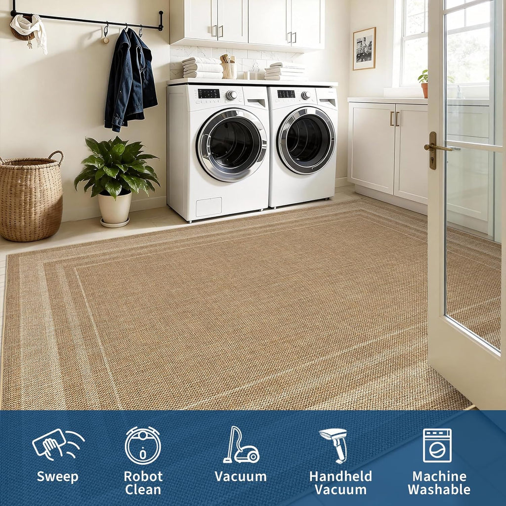 2x6 Runner Rug for Hallway Modern Solid Washable Kitchen Rugs Non Slip Outdoor Patio Runner Rugs Indoor Outdoor Easy Jute Rug Neutral Easy Jute Runners for Porch Entryway Living Room Bedroom, Natural
