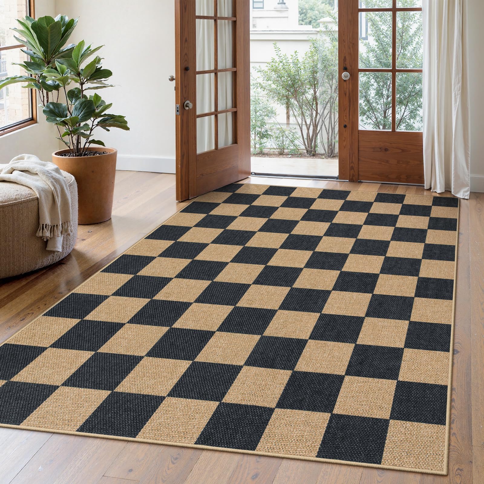Lahome Colette Checkered Easy Jute Runner Rug, 2x8 Hallway Kitchen Runner Rug Non Slip Washable Outdoor Carpet for Entryway Indoor, Checkerboard Black Indoor Outdoor Carpet for Hallway 8ft Entry