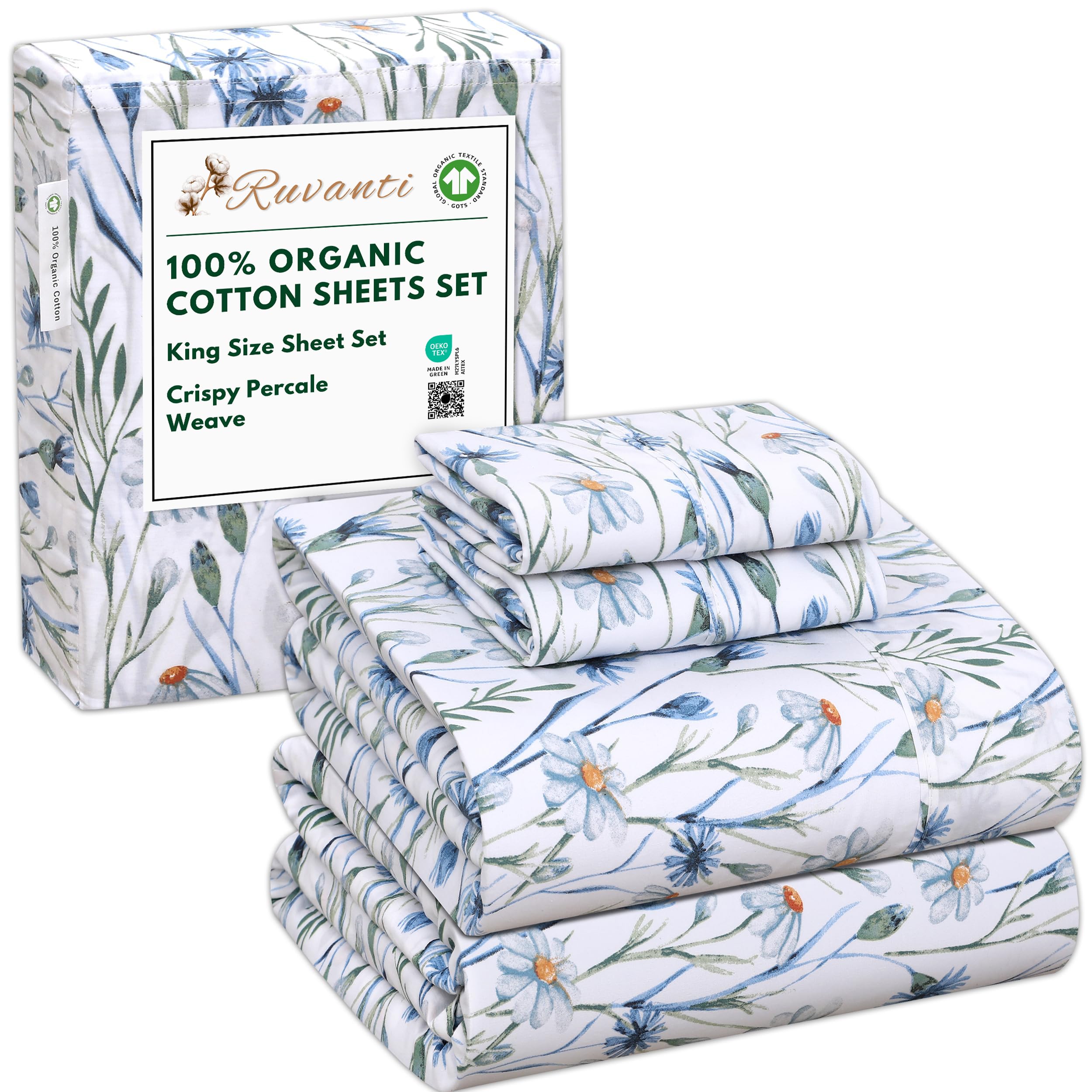 RUVANTI 100% Organic Cotton Sheets Queen Size, Percale Weave, GOTS Certified, 4-Piece Set, Deep Pocket 15", Crisp & Breathable, Soft Durable Bedding, Sábanas Algodón Orgánico – Daisy Bud