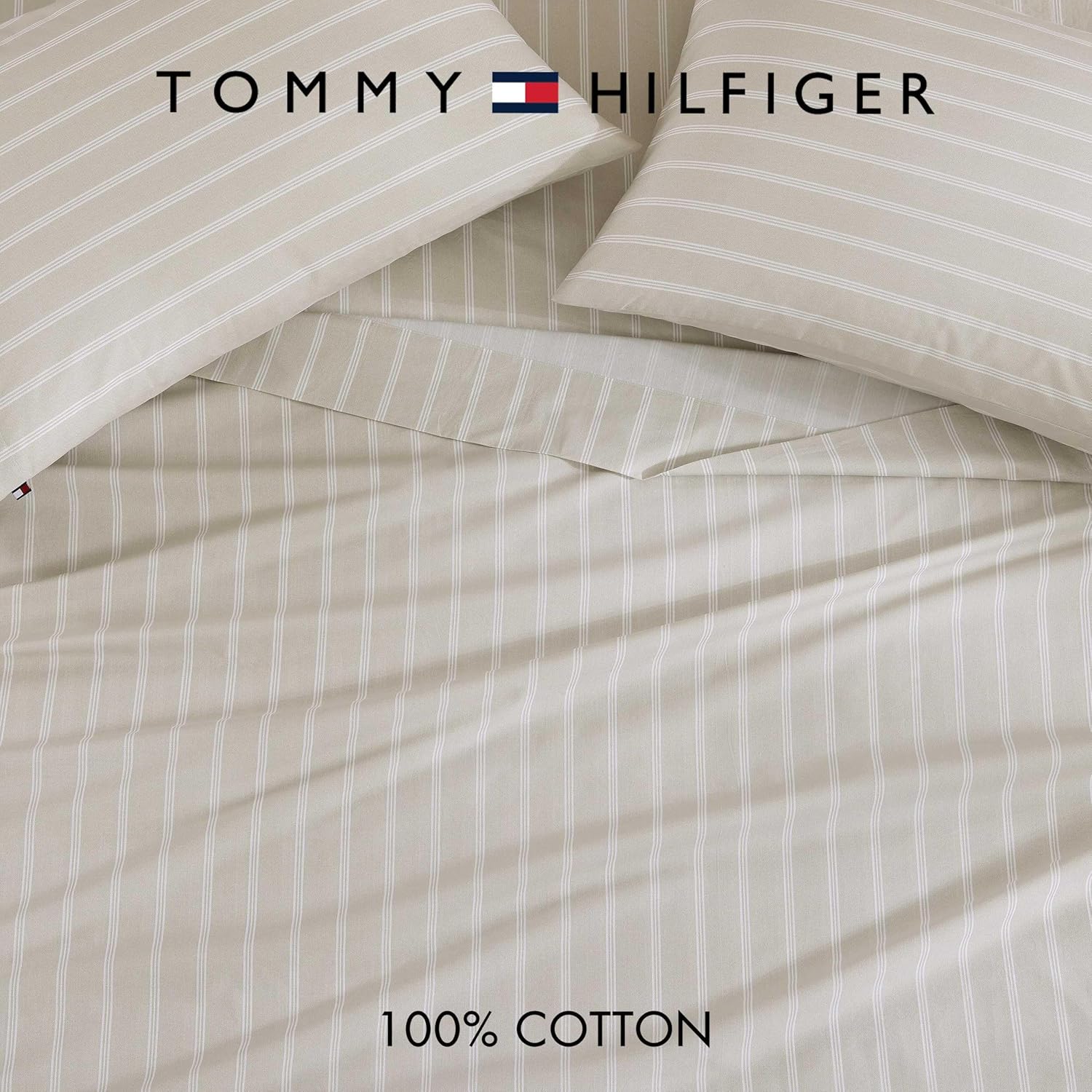 Tommy Hilfiger - Queen Bed Sheets, Crisp & Cool Cotton Percale Bedding with Matching Pillowcases, Lightweight Bed Set, Oeko-Tex Certified (Effortless Stripe Beige)
